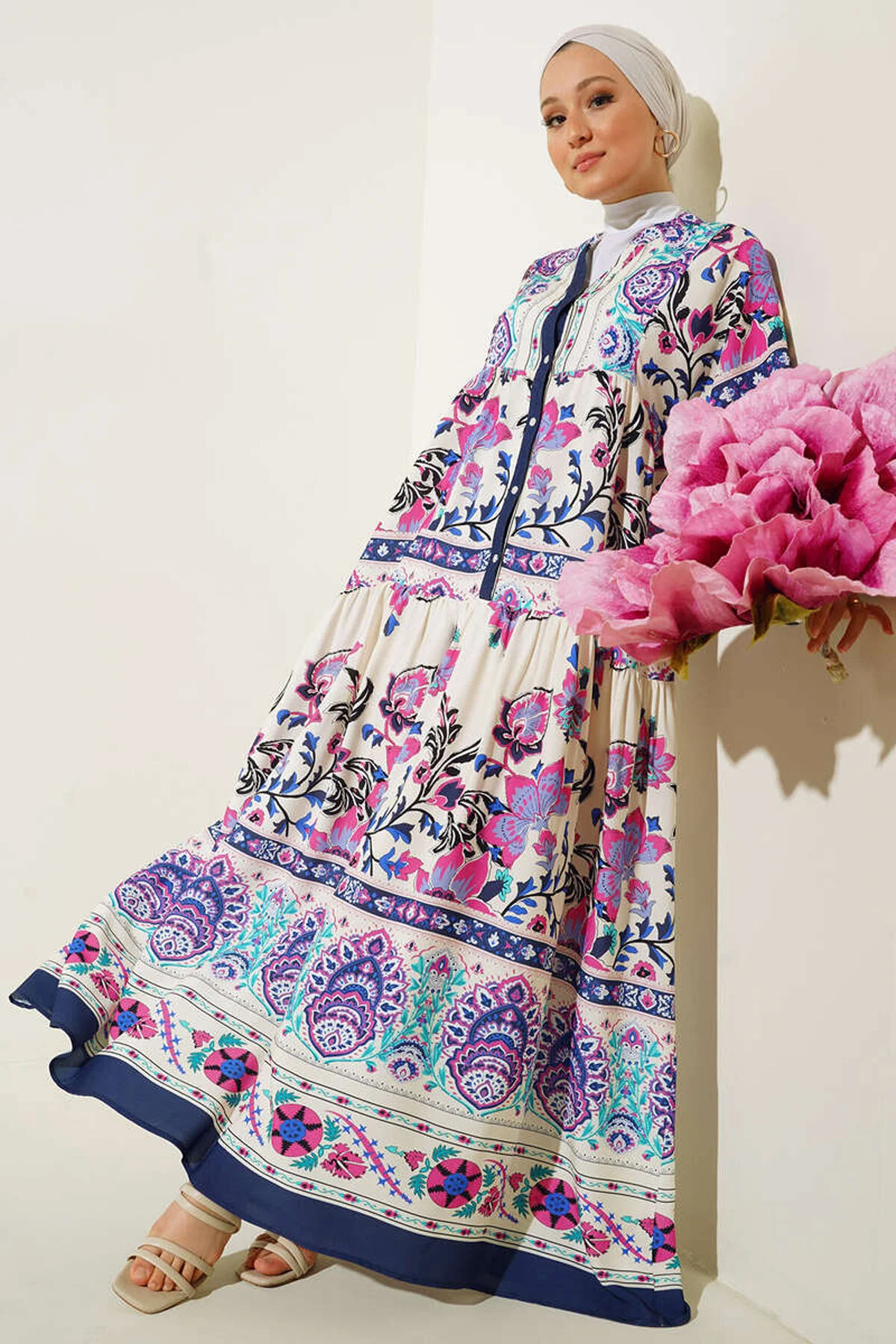 Bigdart  2423 Authentisches gemustertes Hijab-Kleid – Marineblau