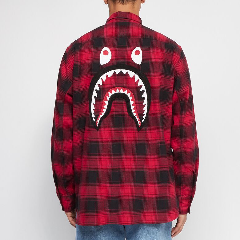 A Bathing Ape Check Shark Relaxed Fit Flannel Shirt red