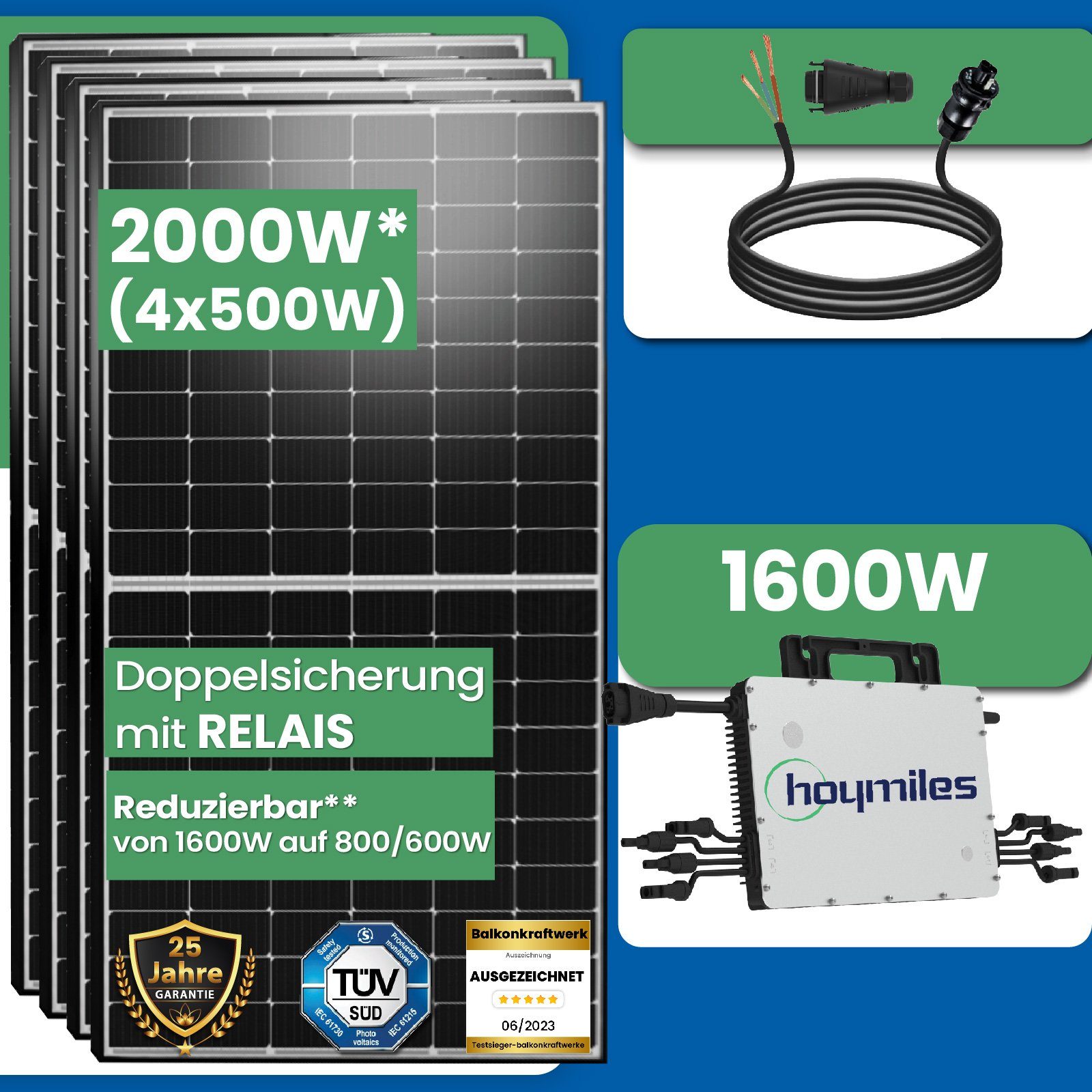 EPP.Solar Solaranlage 2000W (4x 500W) Photovoltaik Balkonkraftwerk Mini-PV Anlage, Hoymiles HMS-1600W-4T (Die Freigabe der Verbindung für 4 Module) Mikrowechselrichter, Antireflexbeschichtung, Monokristallin, Wasserdichtigkeitsklasse, Balkon-Solaranl