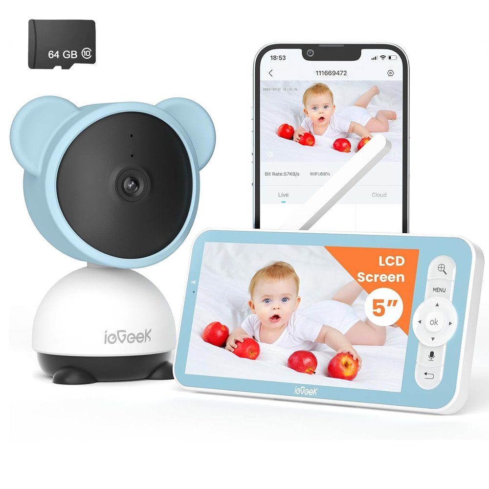 ieGeek Babyphone 5 Zoll/1080P Babyphone mit Kamera App WLAN Video babyfon&64GB SD Karte, Horizontal 350° und vertikal 55°,940nm Infrarot-Nachtsichtkamera, Bewegungs/Geräuscherkennung, unterstützt App Steuerung, Automatische Verfolgung,Bidirektionales
