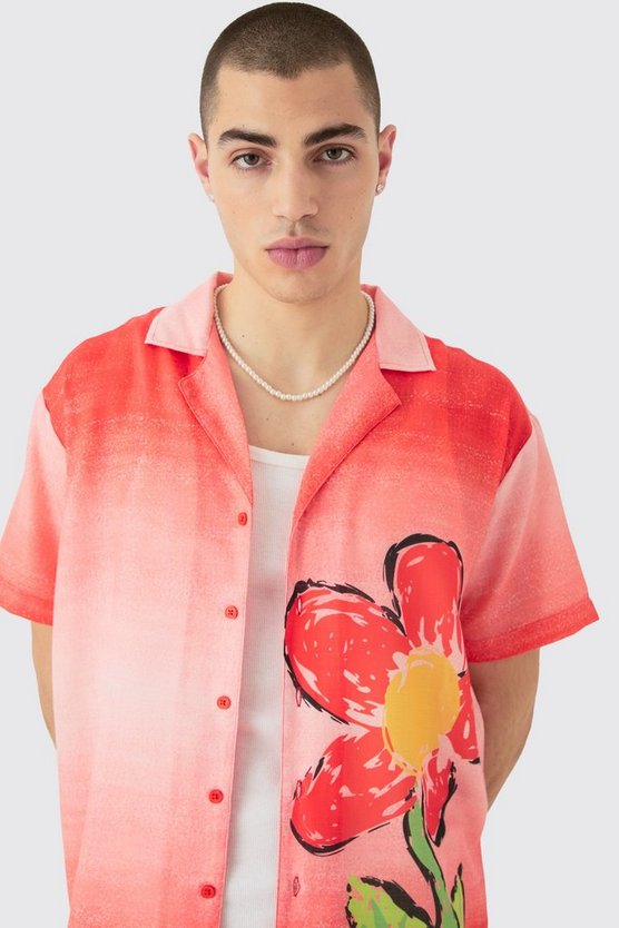 Oversized Ombre Flower Print Linen Look Shirt