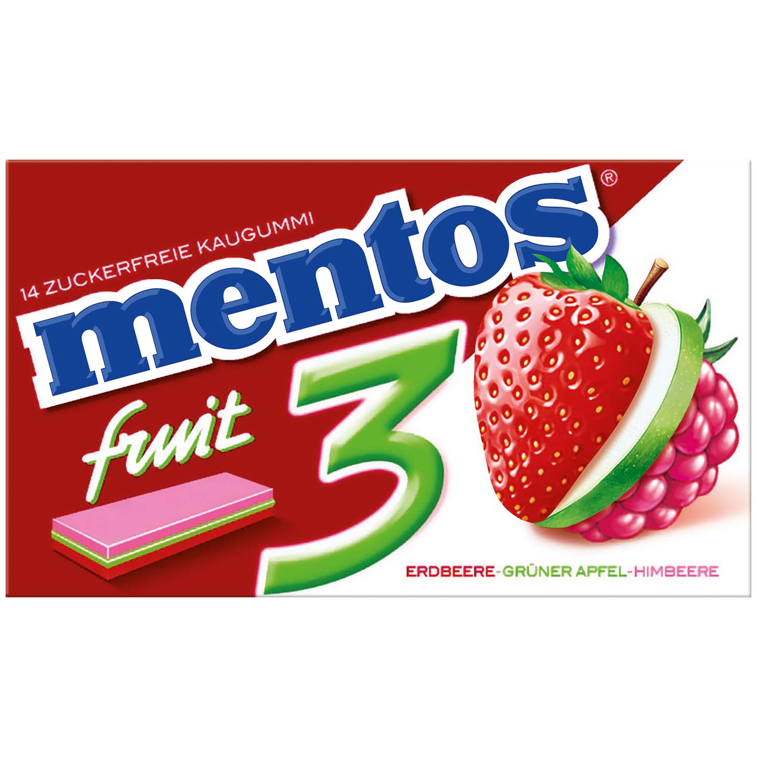 mentos Fruit 3 Kaugummi Erdbeere-Grüner Apfel-Himbeere 14er