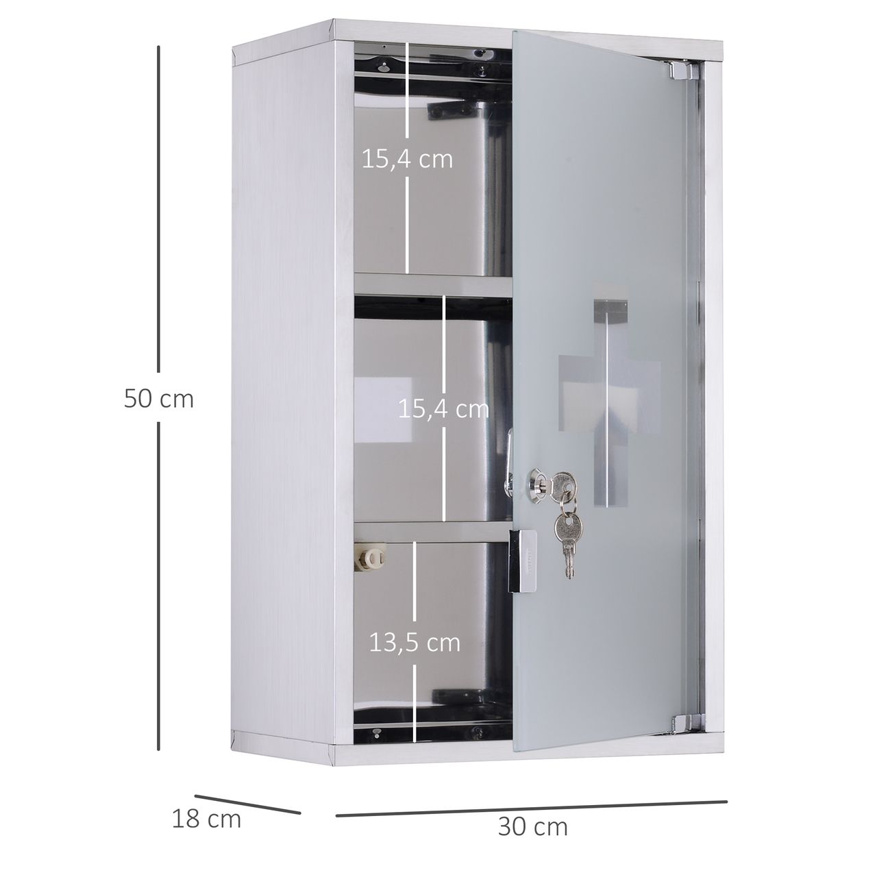 HOMCOM Medizinschrank Arzneischrank Erste Hilfe Schrank mit Schloss Edelstahl 30 x 18 x 50 cm
