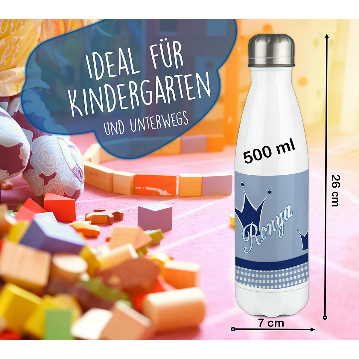 Edelstahl Kinder Thermoflasche / Trinkflasche bunt Krone Farbe blau Spülmaschinenfest, Auslaufsicher, Bruchfest, Doppelwandig, Für Heißgetränke geeignet, Mit Deckel, Isoliert