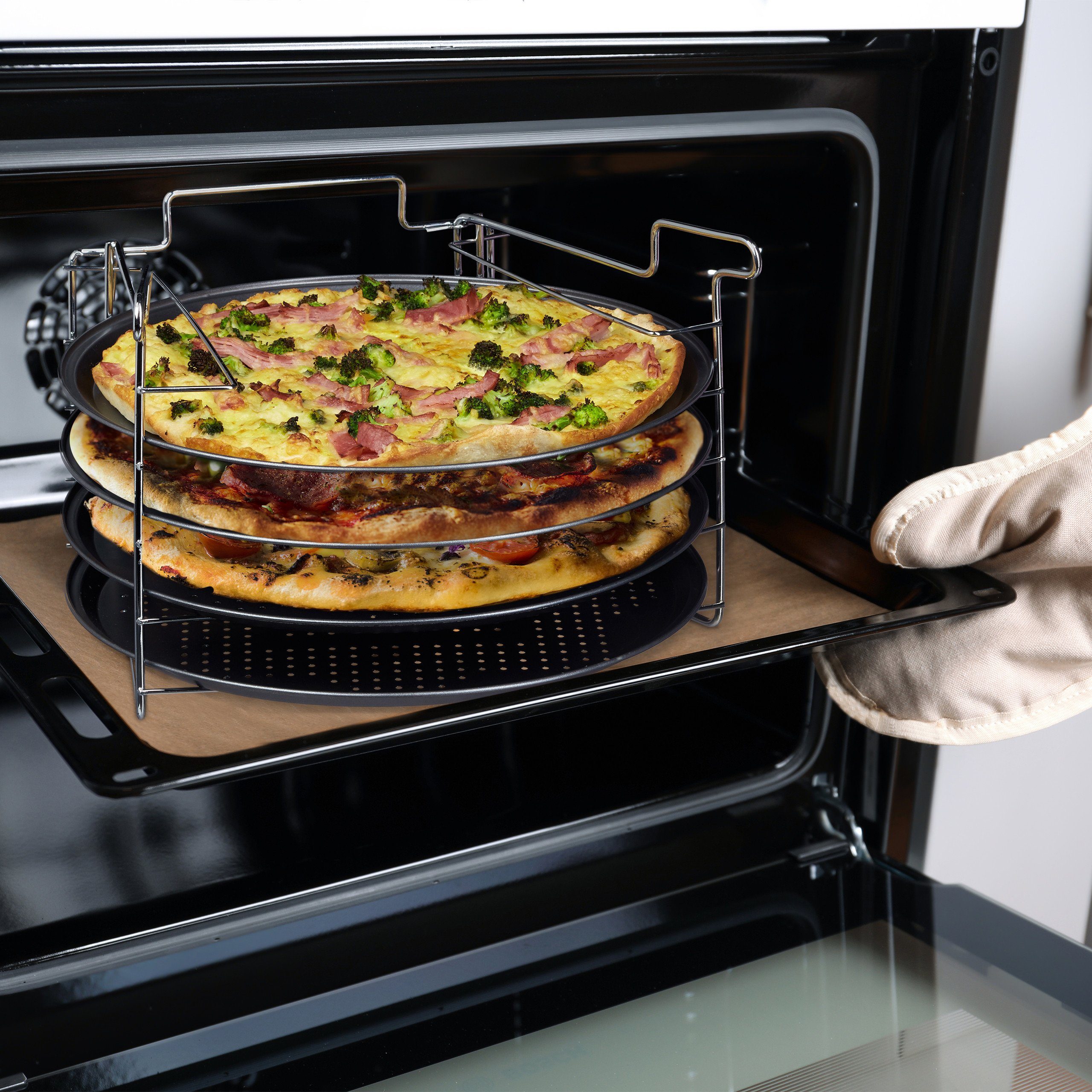 relaxdays Pizzablech Pizzablech 4er Set mit Ständer, Eisen