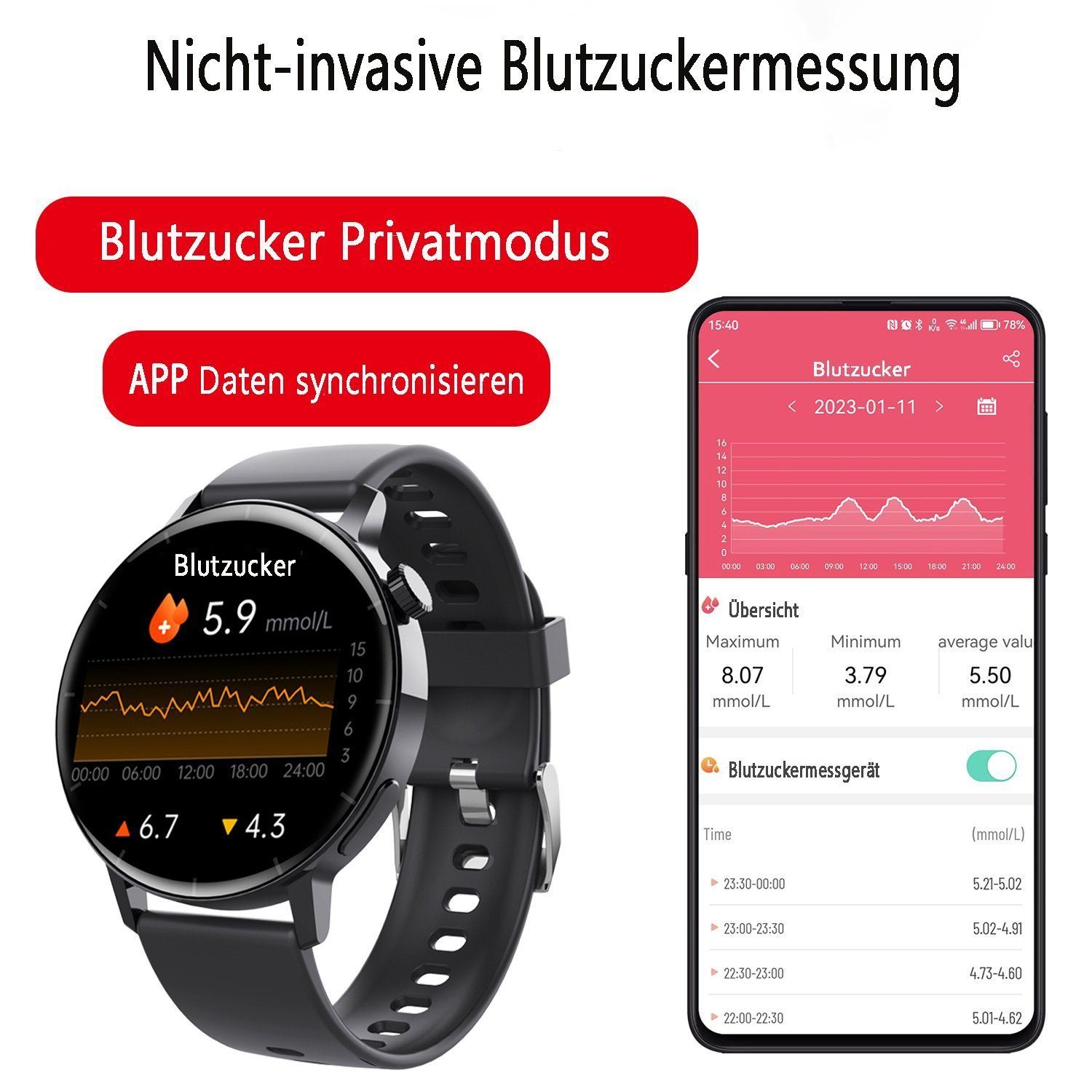 Mutoy Smartwatch,Blutzucker Smartwatch,Smartwatch Damen Herren Smartwatch (1,43 HD Voll Touchscreen Zoll) IP67 Wasserdicht Fitness Tracker mit Schrittzähler Pulsuhr Blutzucker Sauerstoff Messgerät,Schlaf-Monitor, SpO2,100+ Sportmodi Outdoor Fitness T