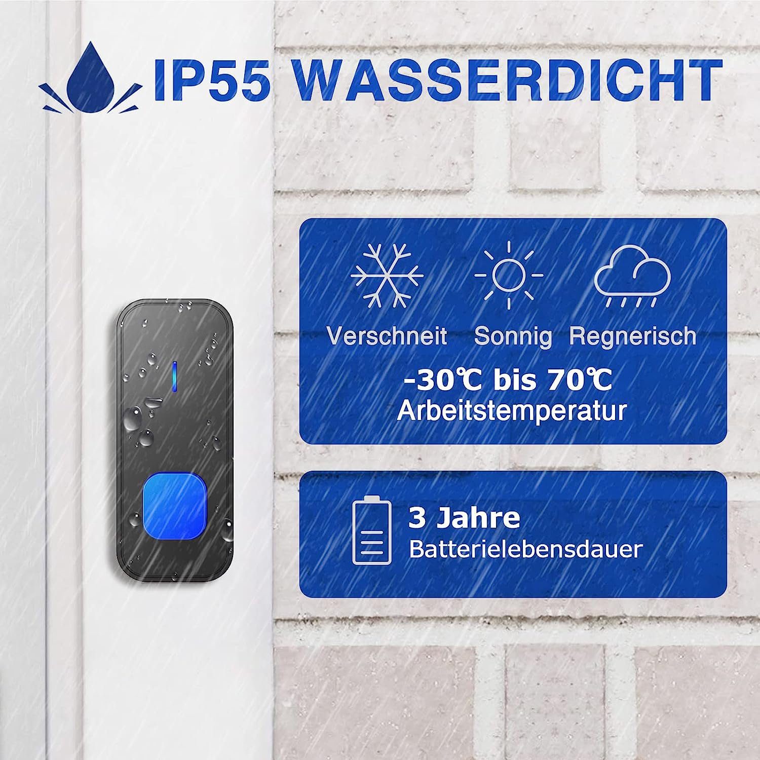Yaviel Türklingel-Set Funkklingel Aussen Wasserdicht Klingel Haustür Funk Wireless Boorbell, Haustürklingel 2 Empfänger Batteriebetrieben 400m Reichweite 110dB