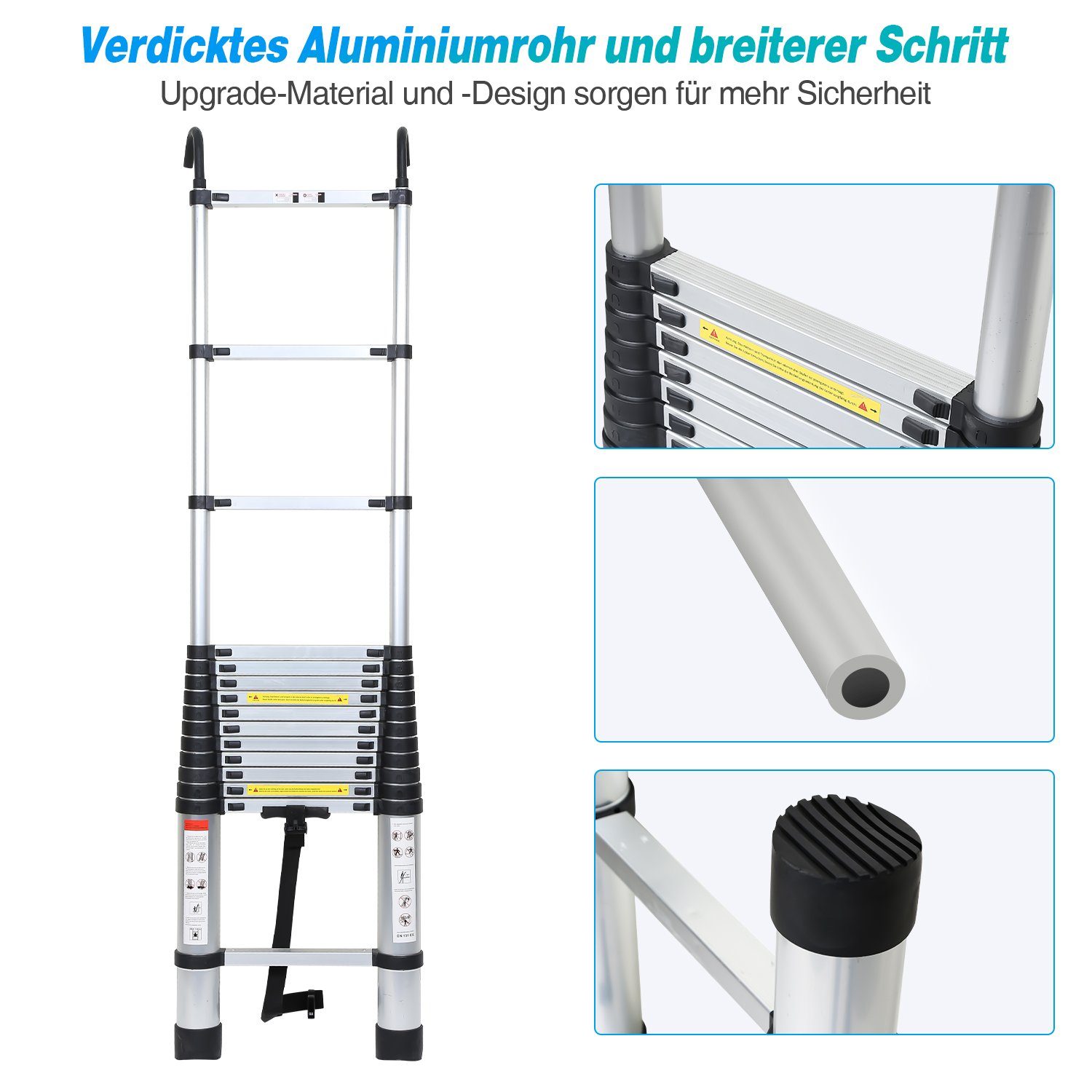 Lospitch Teleskopleiter Teleskopleiter Alu 3.8m Ausziehleiter Anlegeleiter mit haken Silber