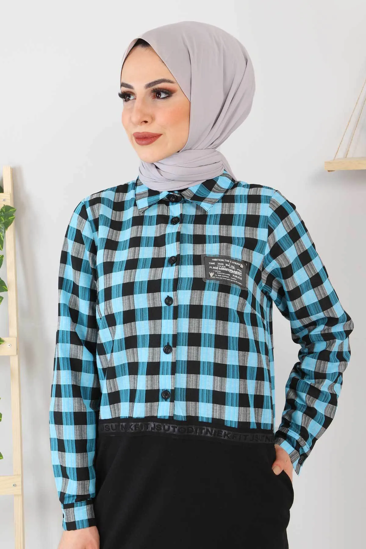 Tesettür Dünyası  Karierter detaillierter Anzug Tsd220209 Babyblau