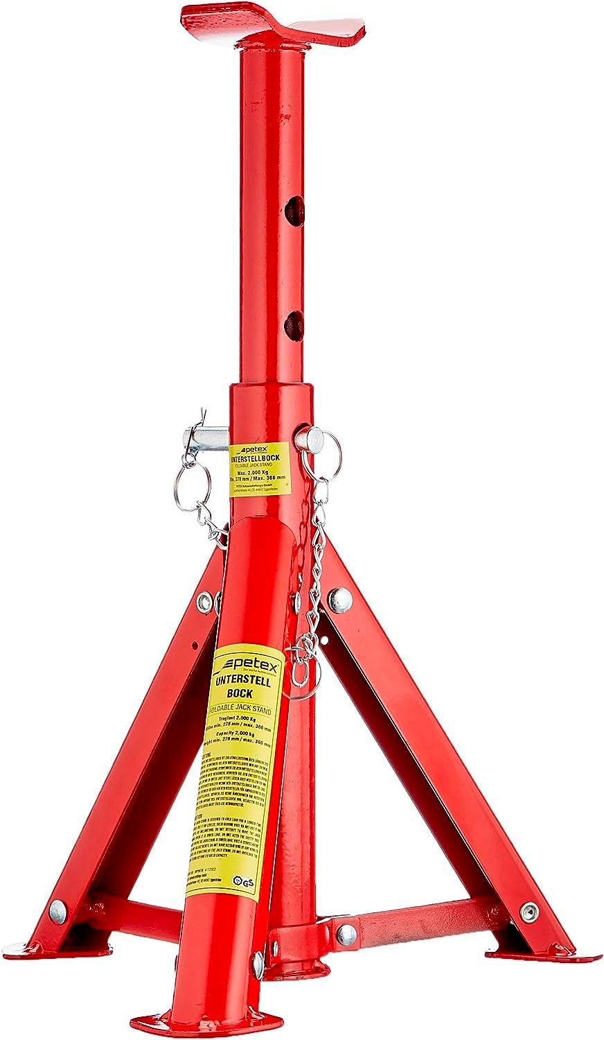 Petex Unterstellbock mit Sicherungssplint, höhenverstellbar und faltbar, 2er Set, Tragkraft: 3 Tonnen, rot