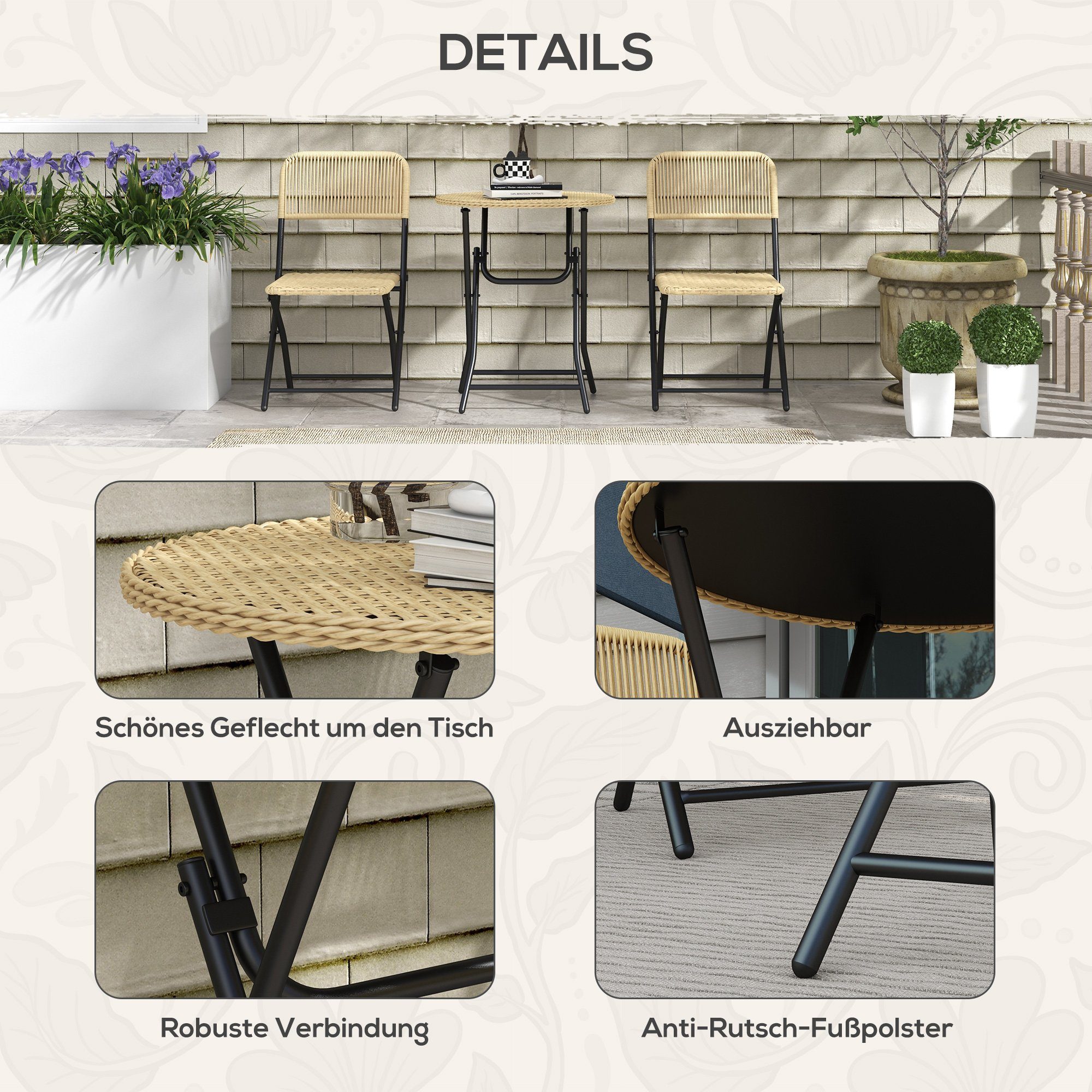 Outsunny Sitzgruppe Rattan Gartenmöbel-Set 3-TLG. Bistro-Set inkl. Couchtisch, 2 Stühle, (Balkonmöbel-Set, 3-tlg., Balkon-Sitzgarnitur), für Balkon, Terrasse, Stahl, Gelb