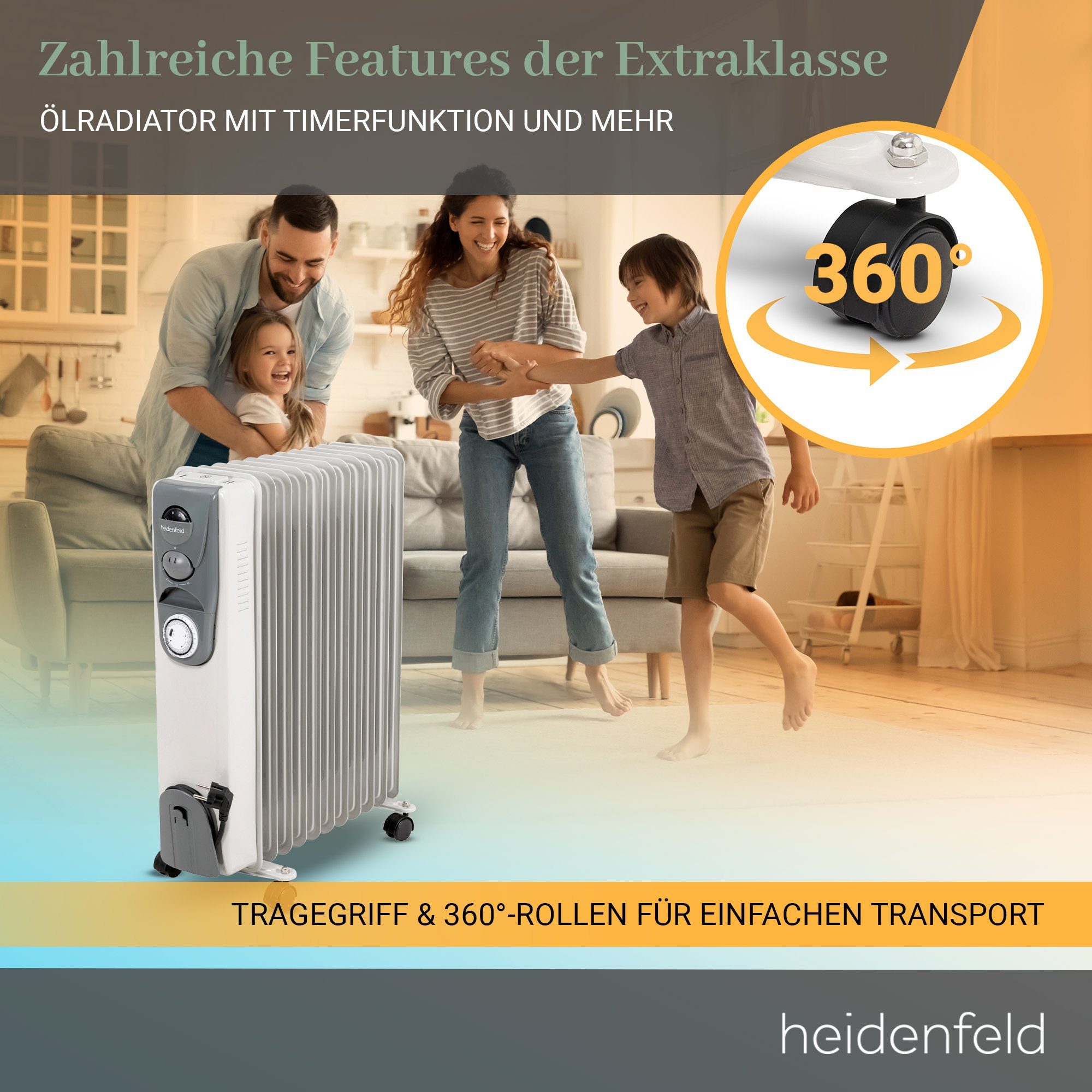 Heidenfeld Ölradiator Mobiler Elektro Heizkörper ÖR200 Heizung inkl. 3 J. Garantie, 2500 W, Thermostat - Heizstrahler - Elektroheizung - Heizlüfter