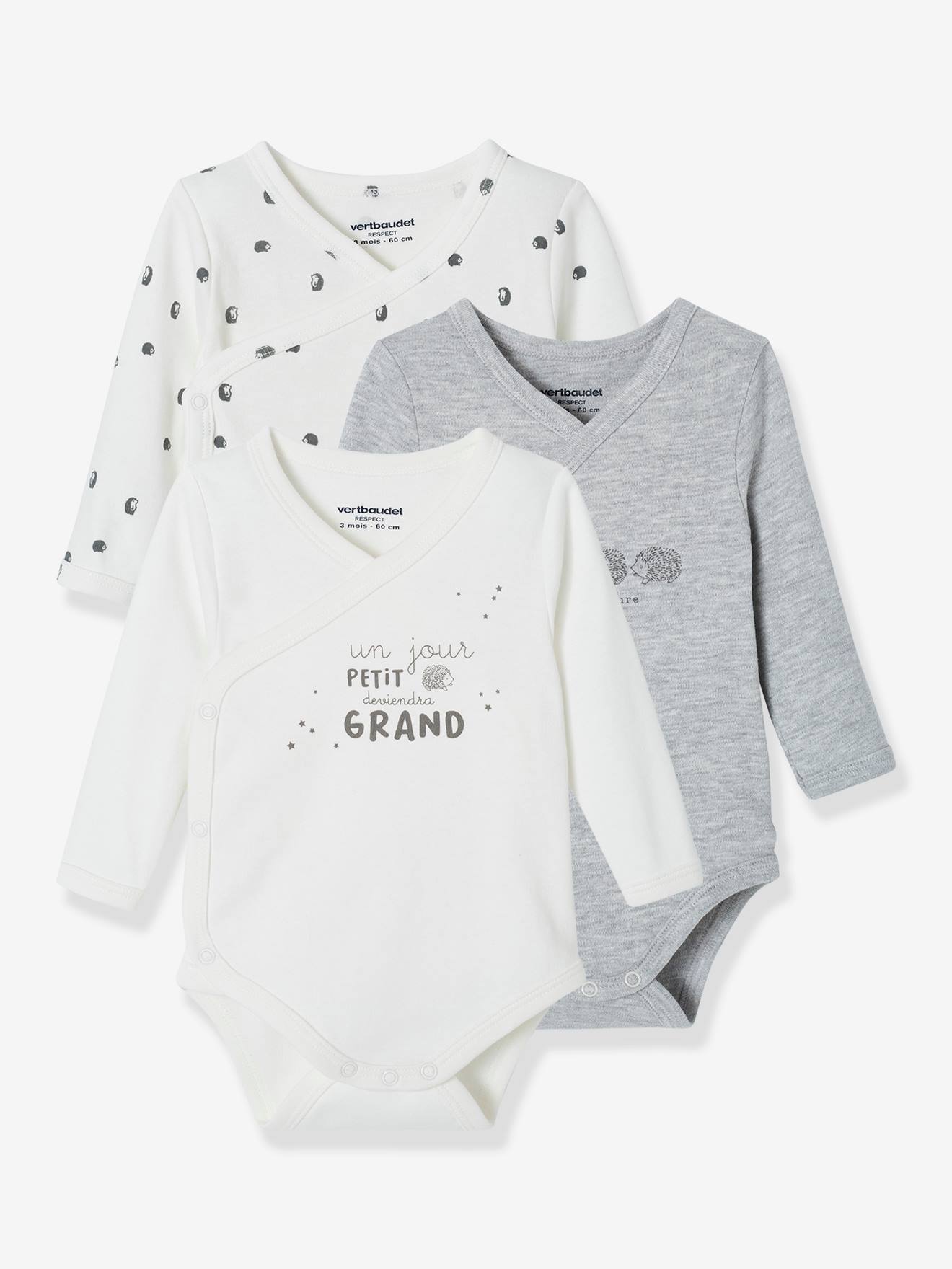 Lot de 3 bodies manches longues en coton bio ouverture naissance lot ivoire