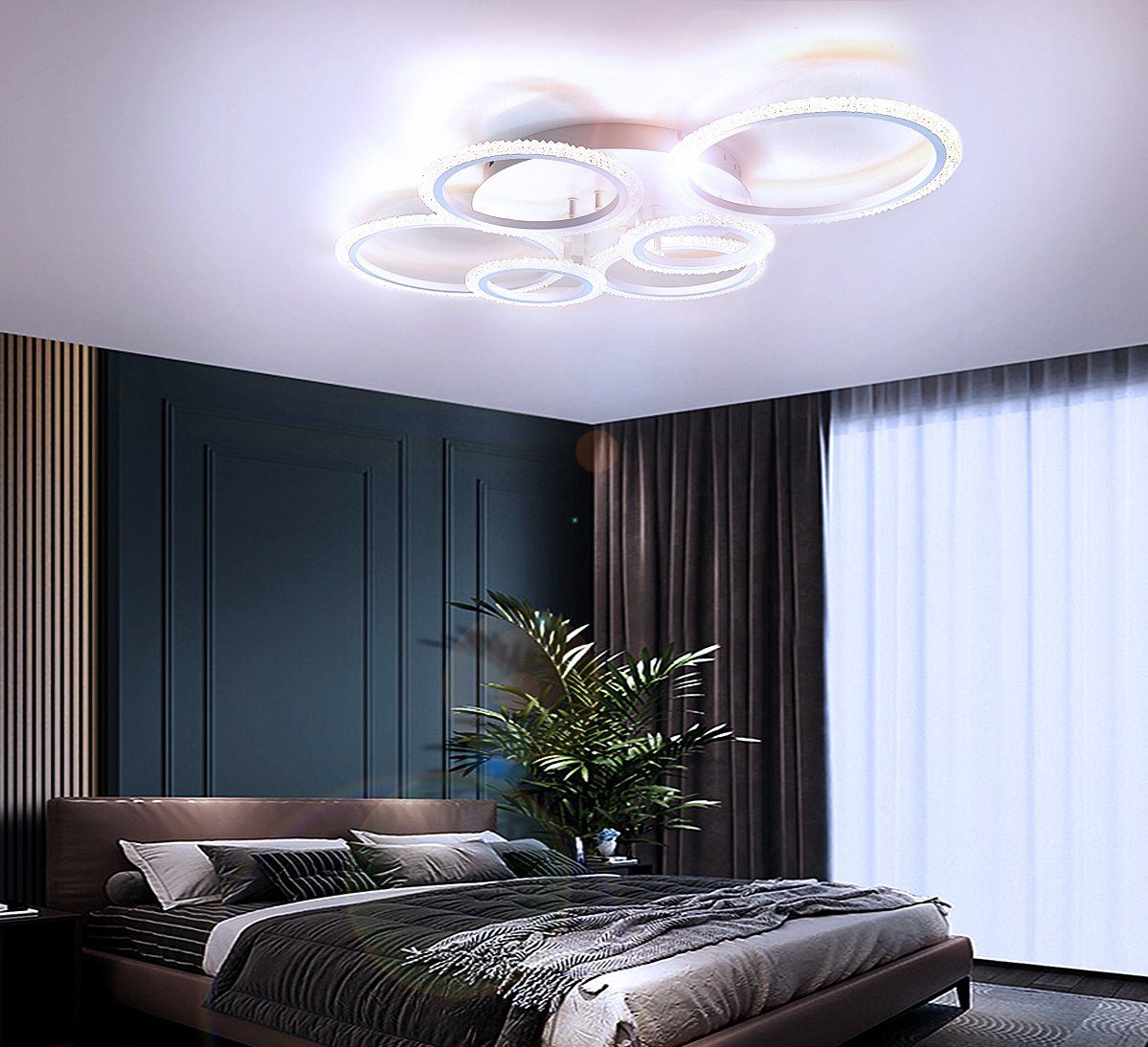 Lewima LED Deckenleuchte XL-XXL groß glitzernd funkelnd Deckenlampe 11-45W, Dimmbar per Fernbedienung, Einstellungen werden gespeichert, Farbwechsel Warmweiß / Kaltweiß / Neutralweiß einstellbar, 6 Ringe Weiß, 86x58cm