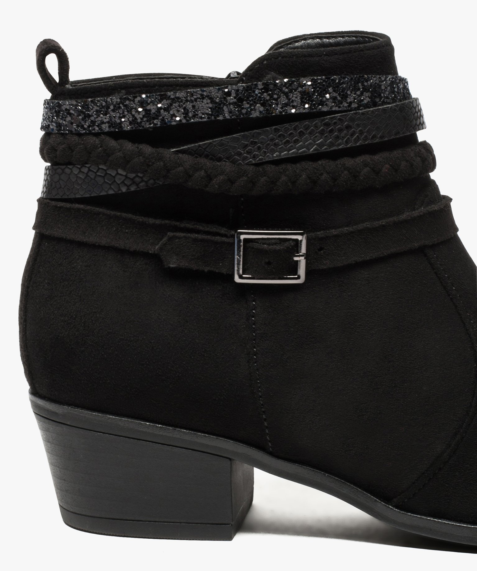 Boots femme en suédine unie avec brides fantaisie noir | GEMO