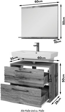 welltime Badmöbel-Set Canada, (Komplett-Set, 2-St., Fronten mit Wellenstruktur), Badmöbel mit Soft-Close-Funktion, Waschbeckenunterschrank und Spiegel