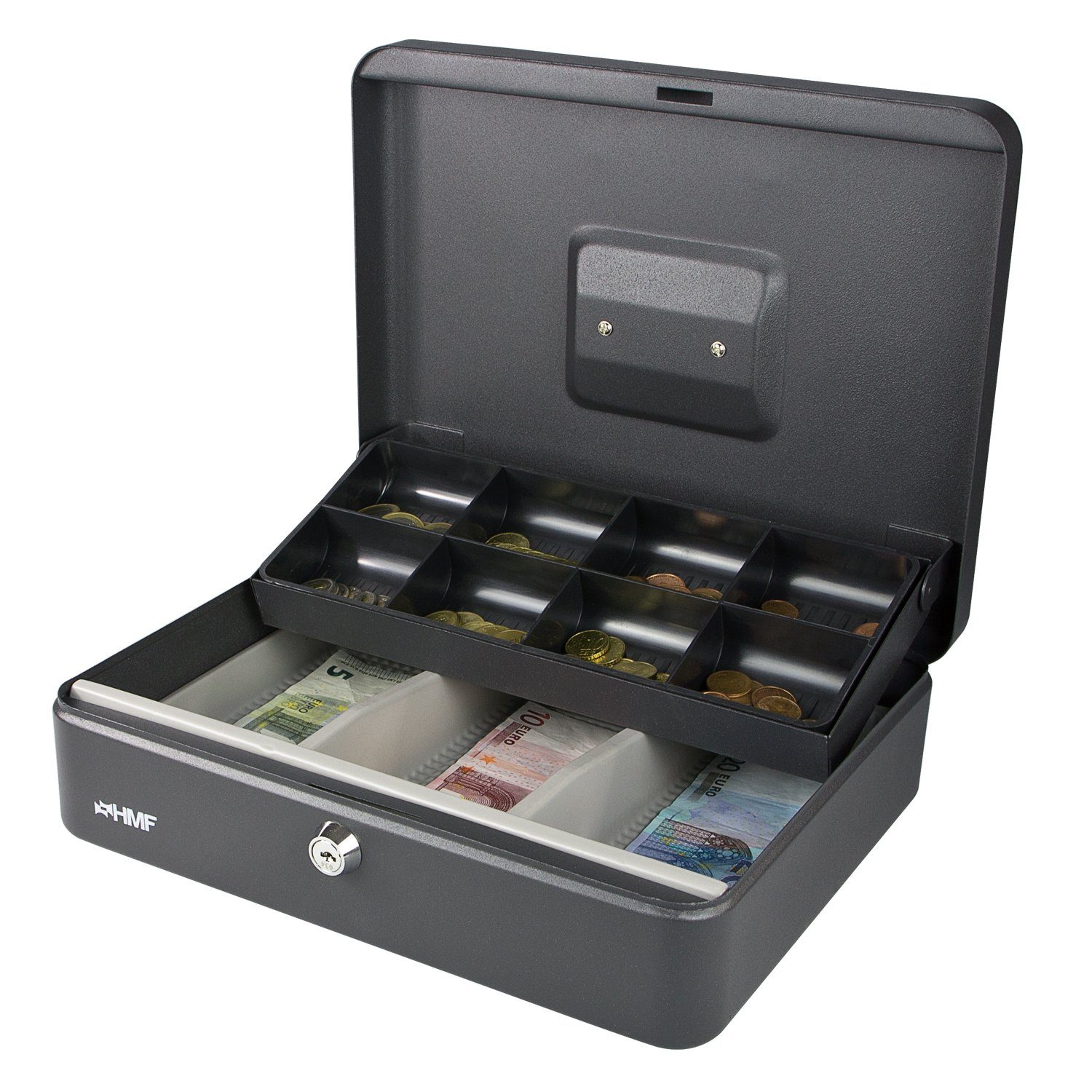 HMF Geldkassette abschließbare Bargeldkasse mit Münzeinsatz und Scheinfach, robuste Geldbox mit Schlüssel, 30x24x9 cm