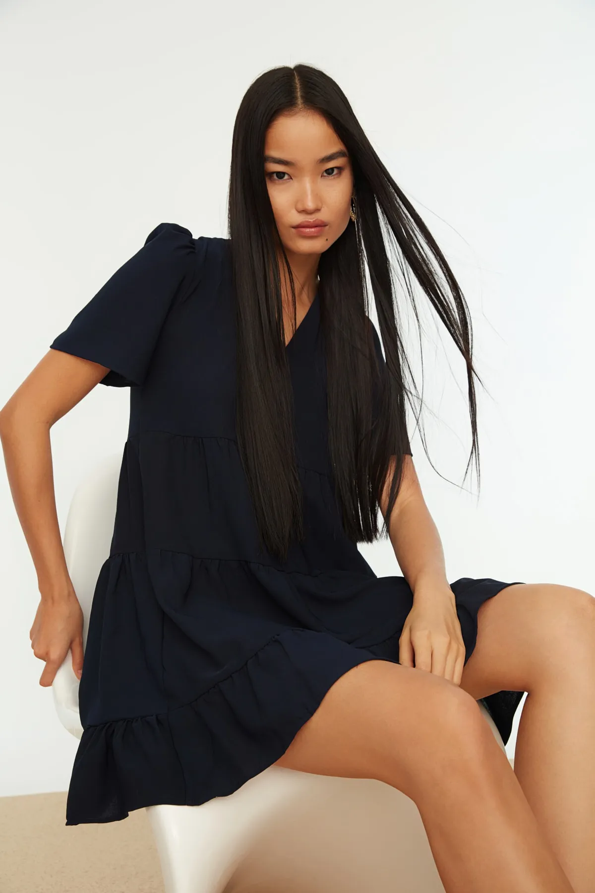 Trendyol Collection  Marineblaues Mini-Webkleid mit weitem Schnitt TWOSS20EL0400