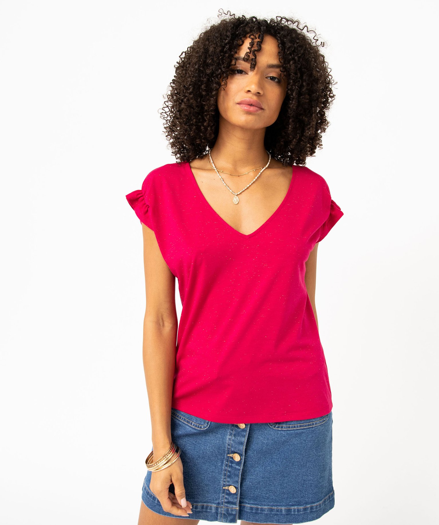 Tee-shirt femme à manches courtes froncées et col V rose | GEMO