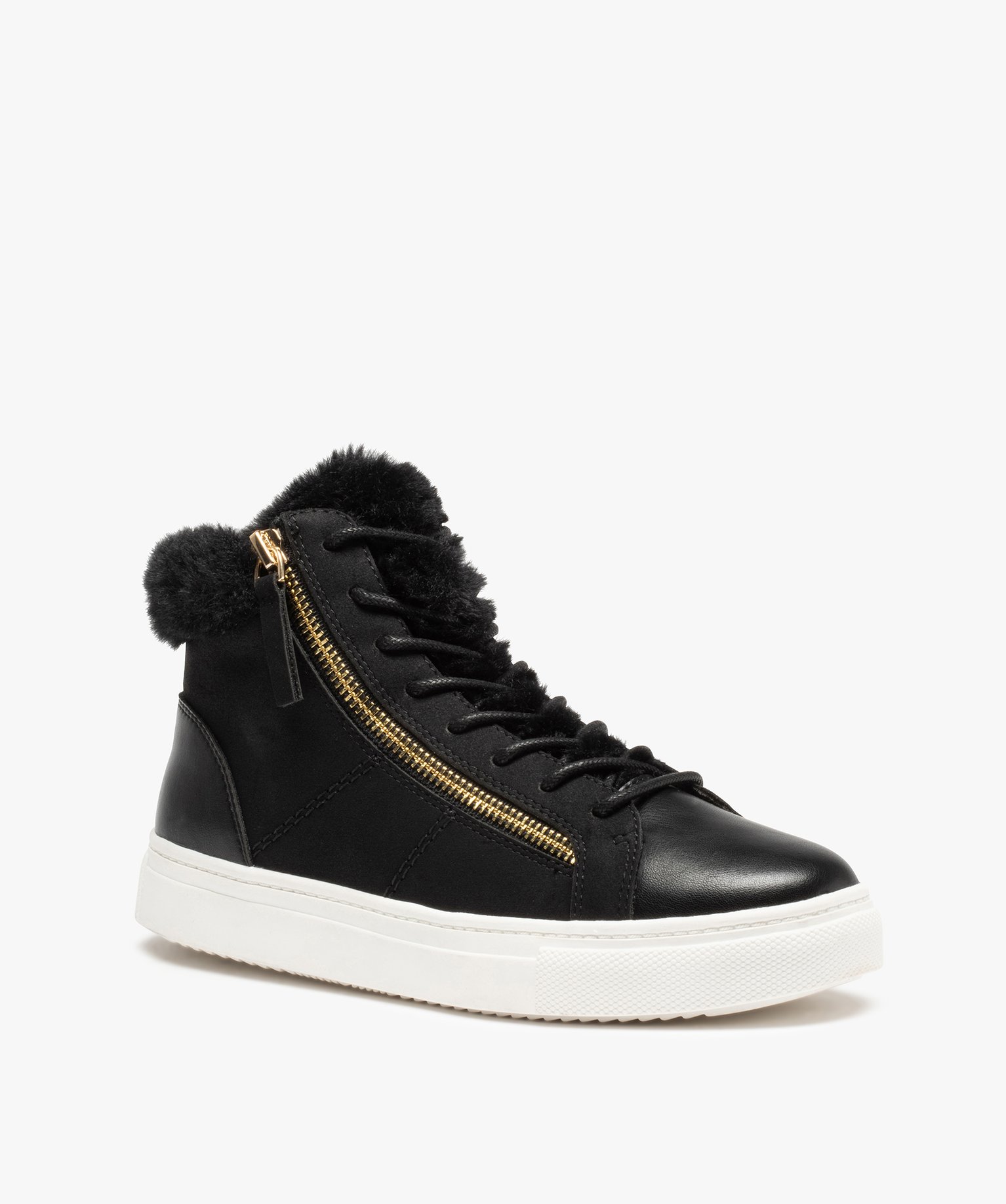 Baskets femme mid-cut unies à col fourré noir | GEMO