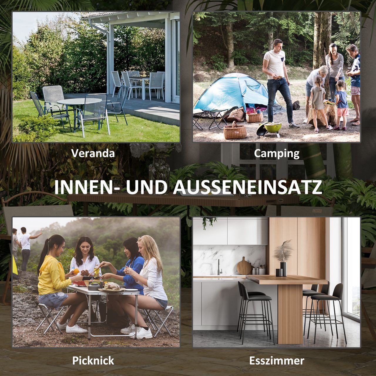 Outsunny Campingtisch Klapptisch mit Rattanoptik, Buffettisch für 4 Personen