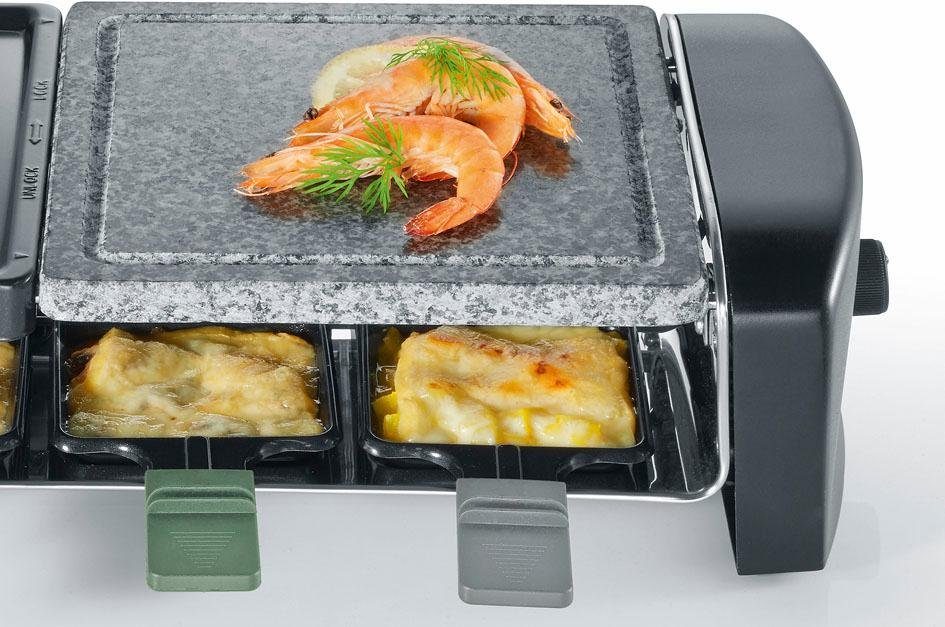 Severin Raclette RG 9645, 8 Raclettepfännchen, 1400 W, Naturgrillstein, Gussplatte, Thermostat, Antihaftbeschichtung