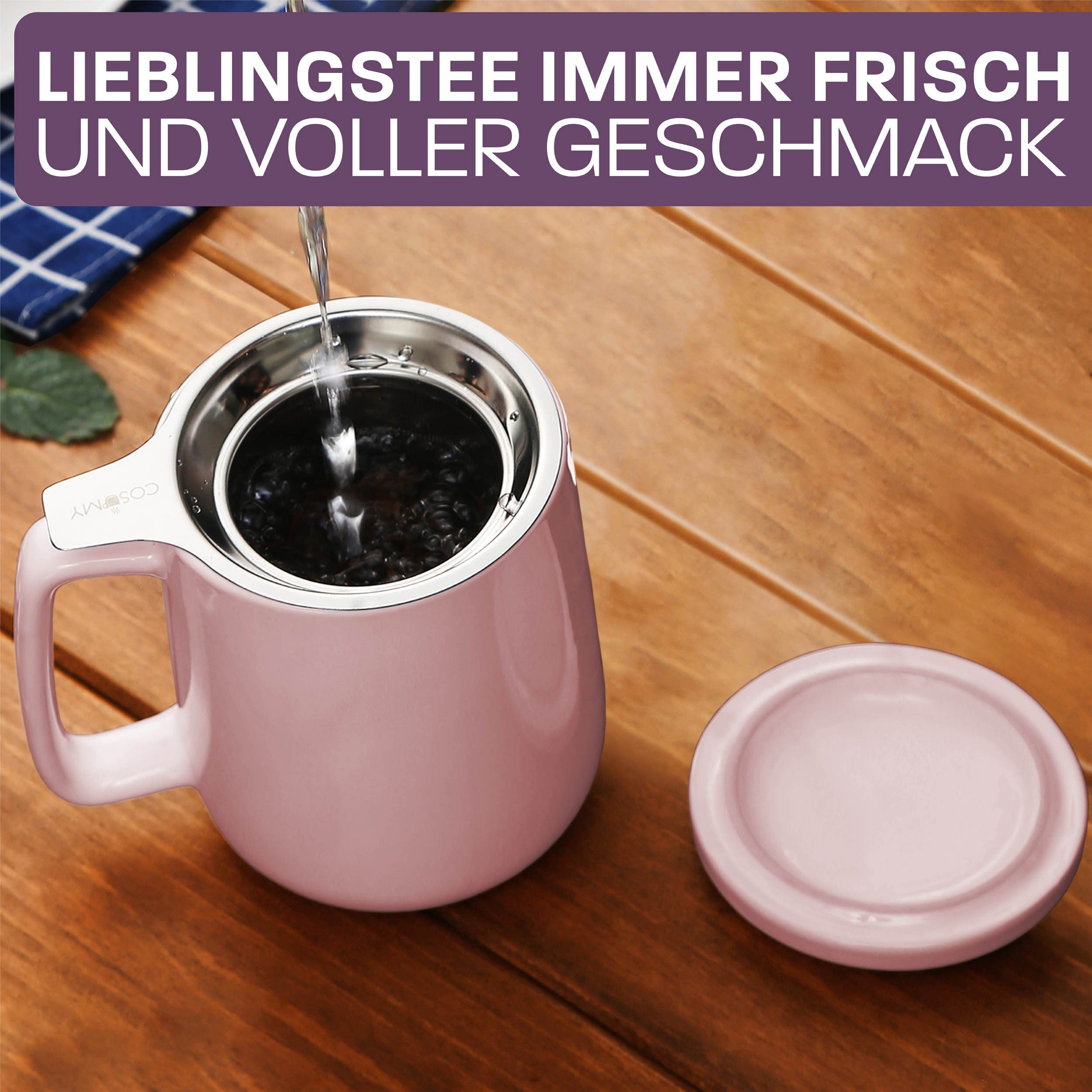 Cosumy Teeglas Teetasse mit Sieb und Deckel 500ml - Jumbotasse, Porzellan, Hält Lange warm - 500 ml XXL Groß - Spülmaschinenfest