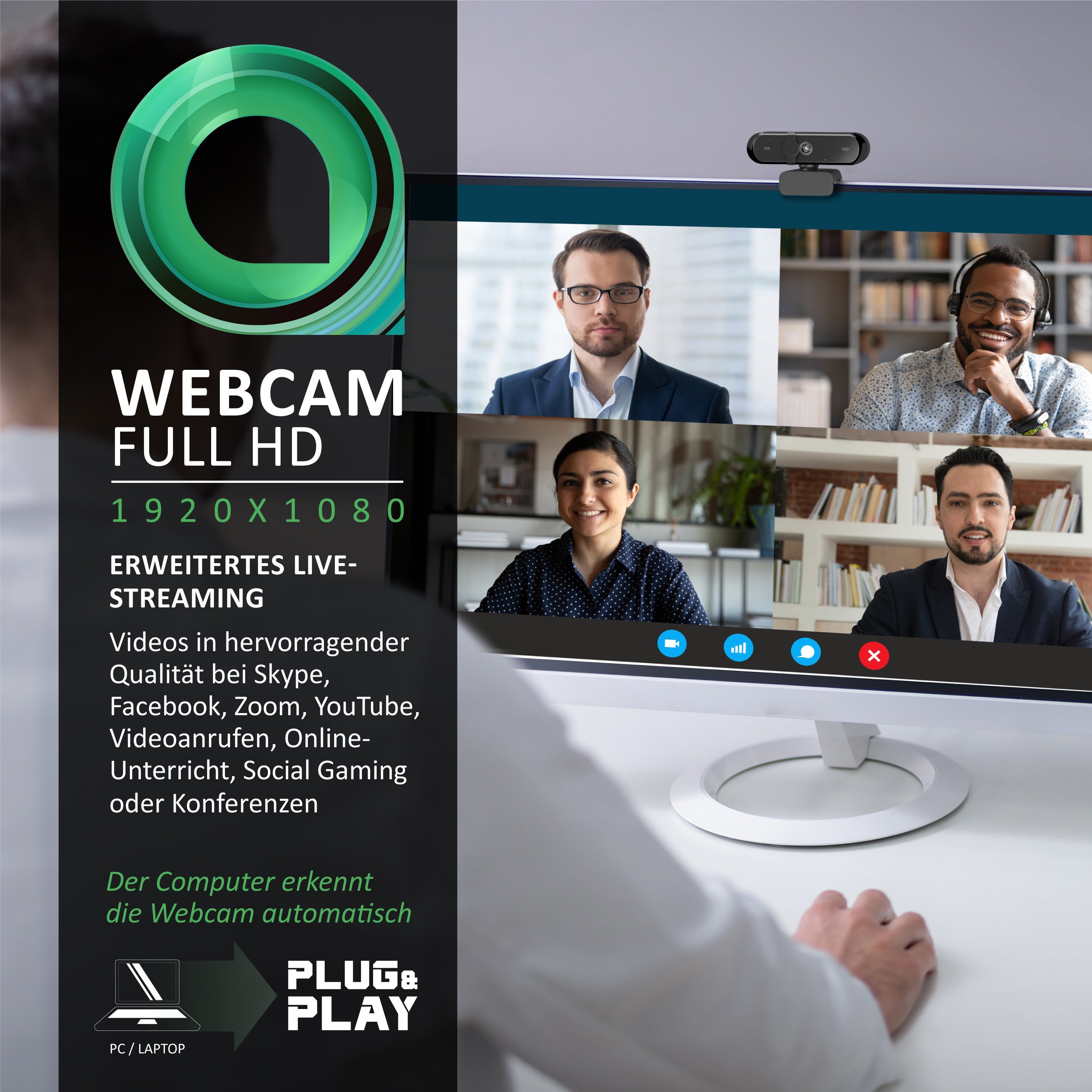 Aplic Full HD-Webcam (FHD; 1080p; 1920 x 1080, Mikrofon, Abdeckung, Sichtschutz, Autofokus. Low Light, für PC & MAC)