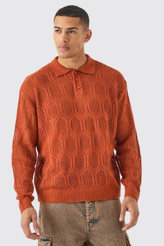 Langärmliges gehäkeltes Oversize Poloshirt