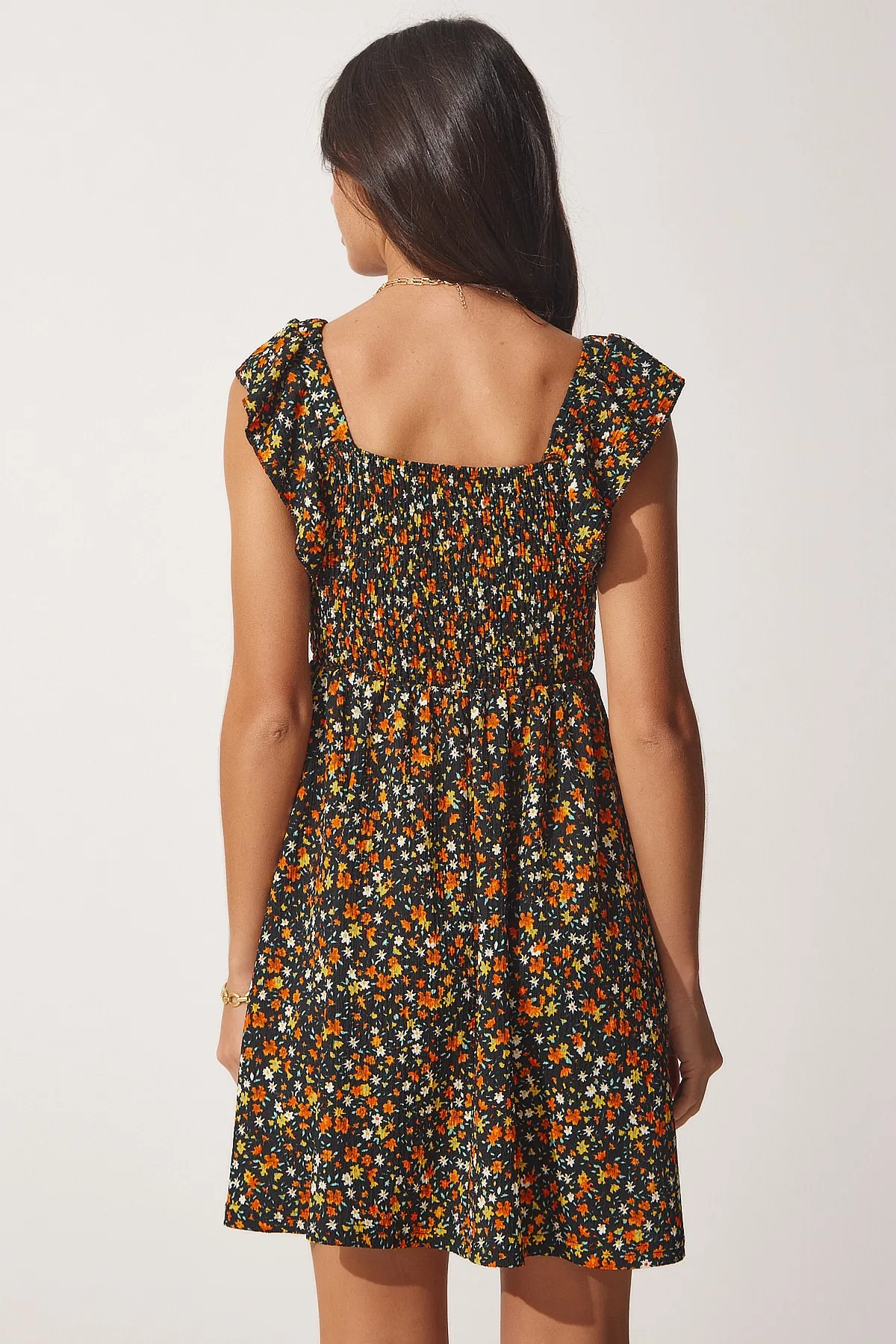 Happiness İstanbul  Damen-Sommerkleid aus Viskose mit Blumenmuster in Schwarz-Orange FF00131