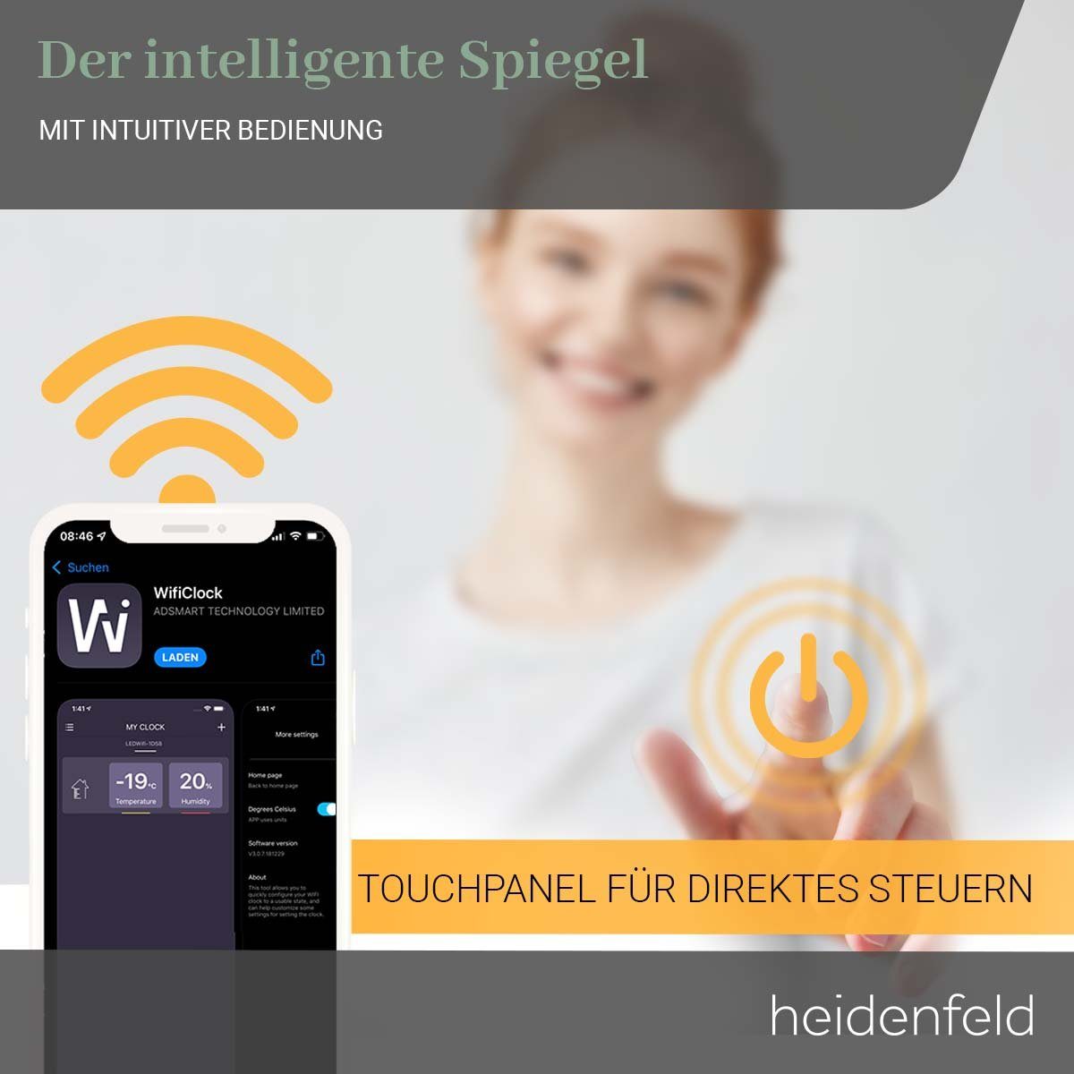 Heidenfeld Infrarotheizung Spiegelheizung HF-HS200 inkl. Touchdisplay 10 Jahre Garantie, Spiegel - Rahmenbeleuchtung - Anti-Beschlag - bis 500 Watt - WIFI