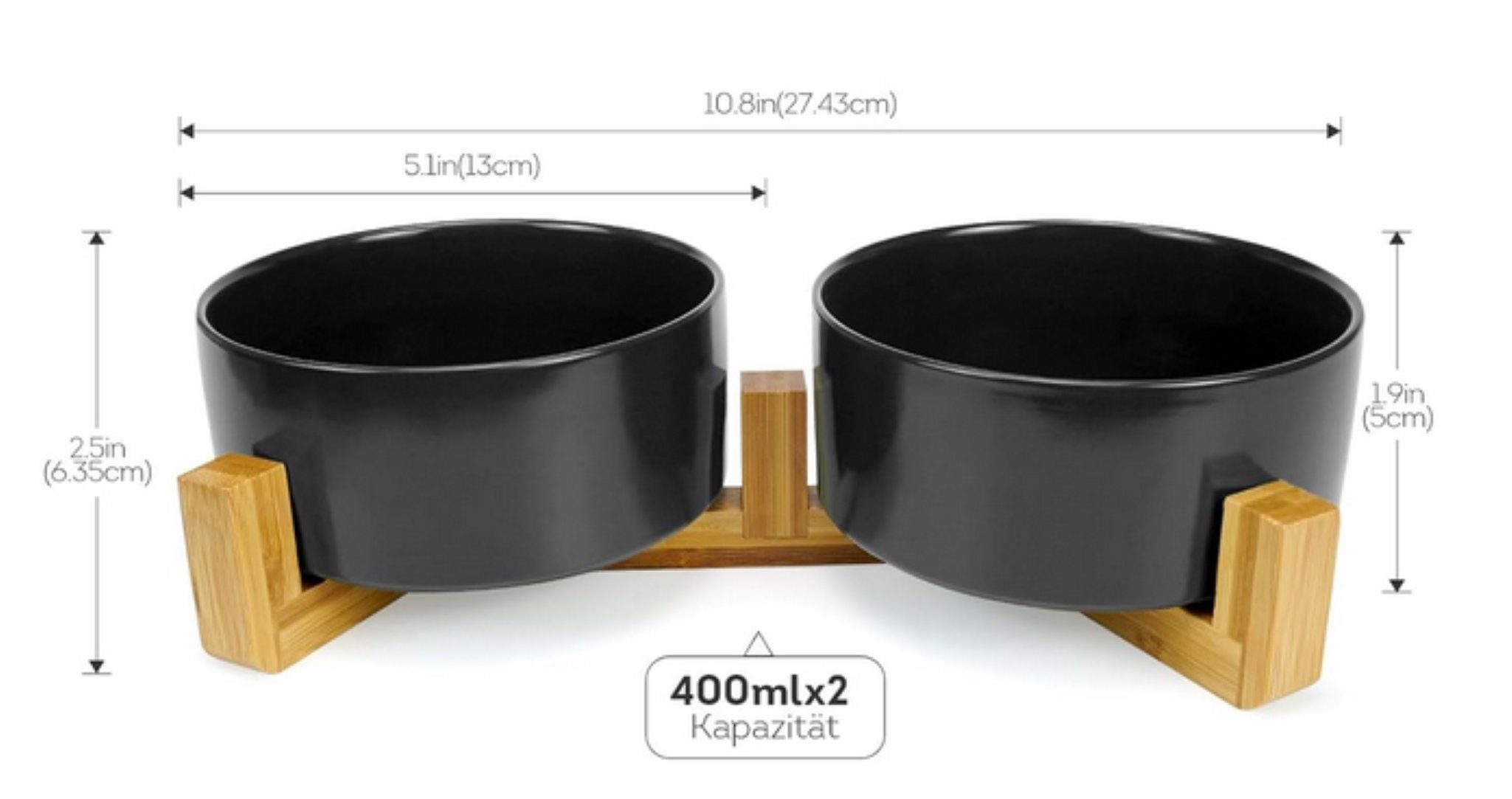Bäll Futterstation Doppelnapf Keramik & Bambus für Hunde & Katzen, Lotus Effekt 800 ml, Keramik, langlebig, robust, umweltfreundlich, nachhaltig, biologisch abbaubar