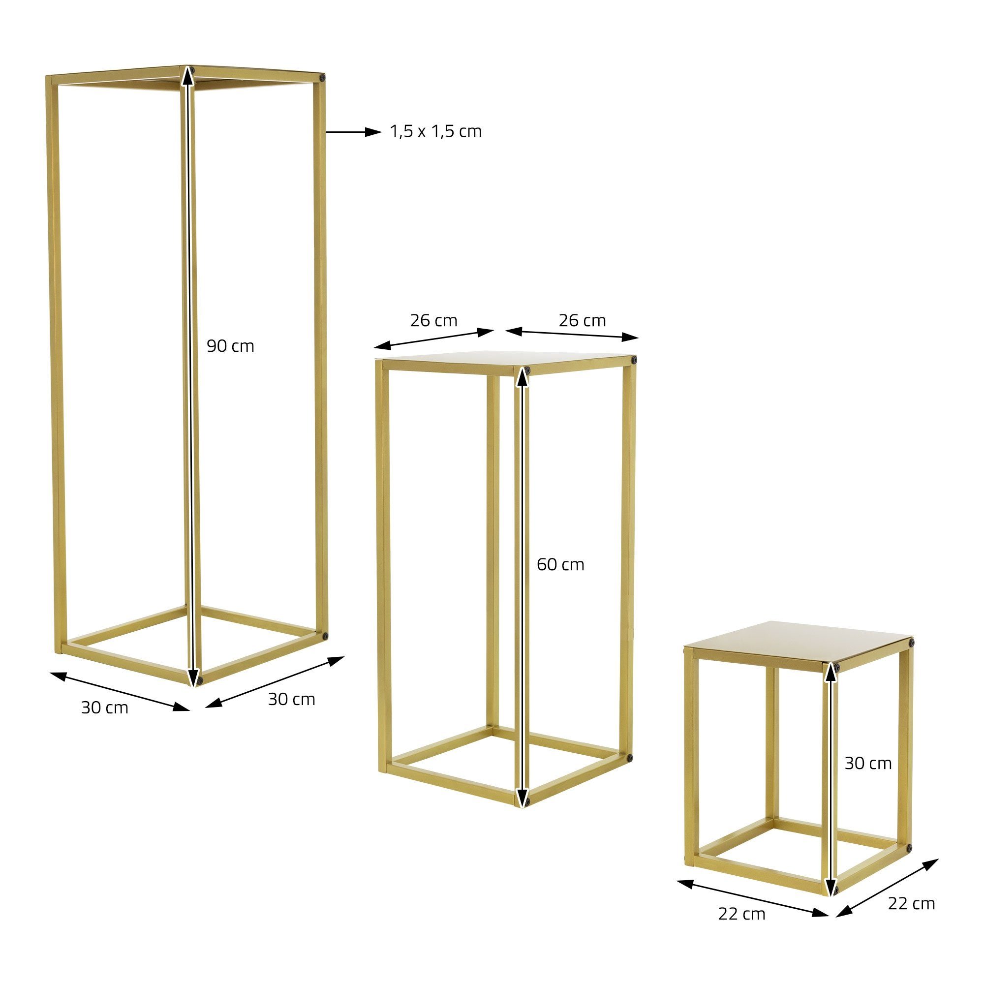 ML-DESIGN Blumenständer Deko Blumenhocker Blumensäule Säulentisch Pflanzenständer (3er Set), 3er Set Metall Gold 22x22x30/26x26x60/30x30x90cm