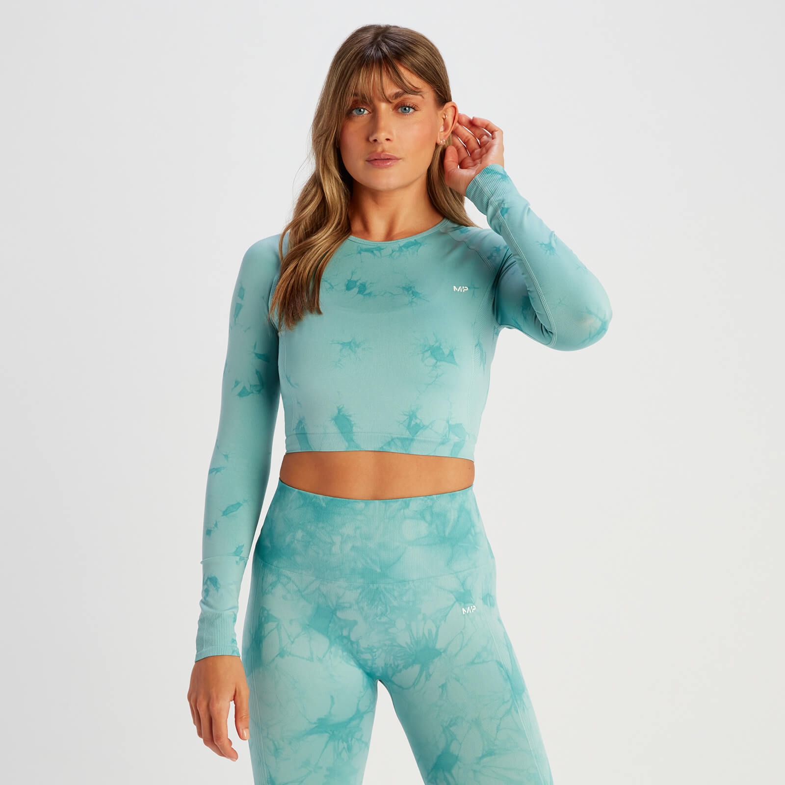 T-shirt court sans coutures à manches longues MP Shape pour femmes – Tie-dye bleu foncé