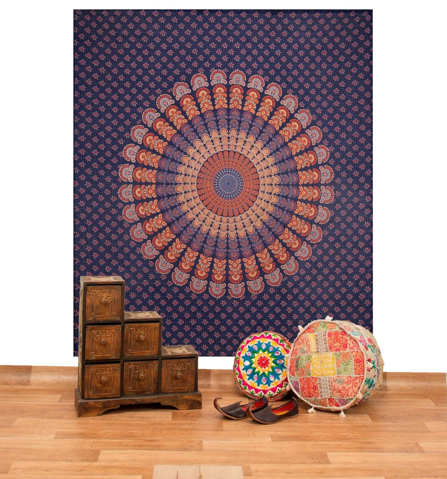 Wandteppich Tagesdecke Wandbehang Mandala Deko Tuch Peacock Pfau XL ca 200x230cm, KUNST UND MAGIE