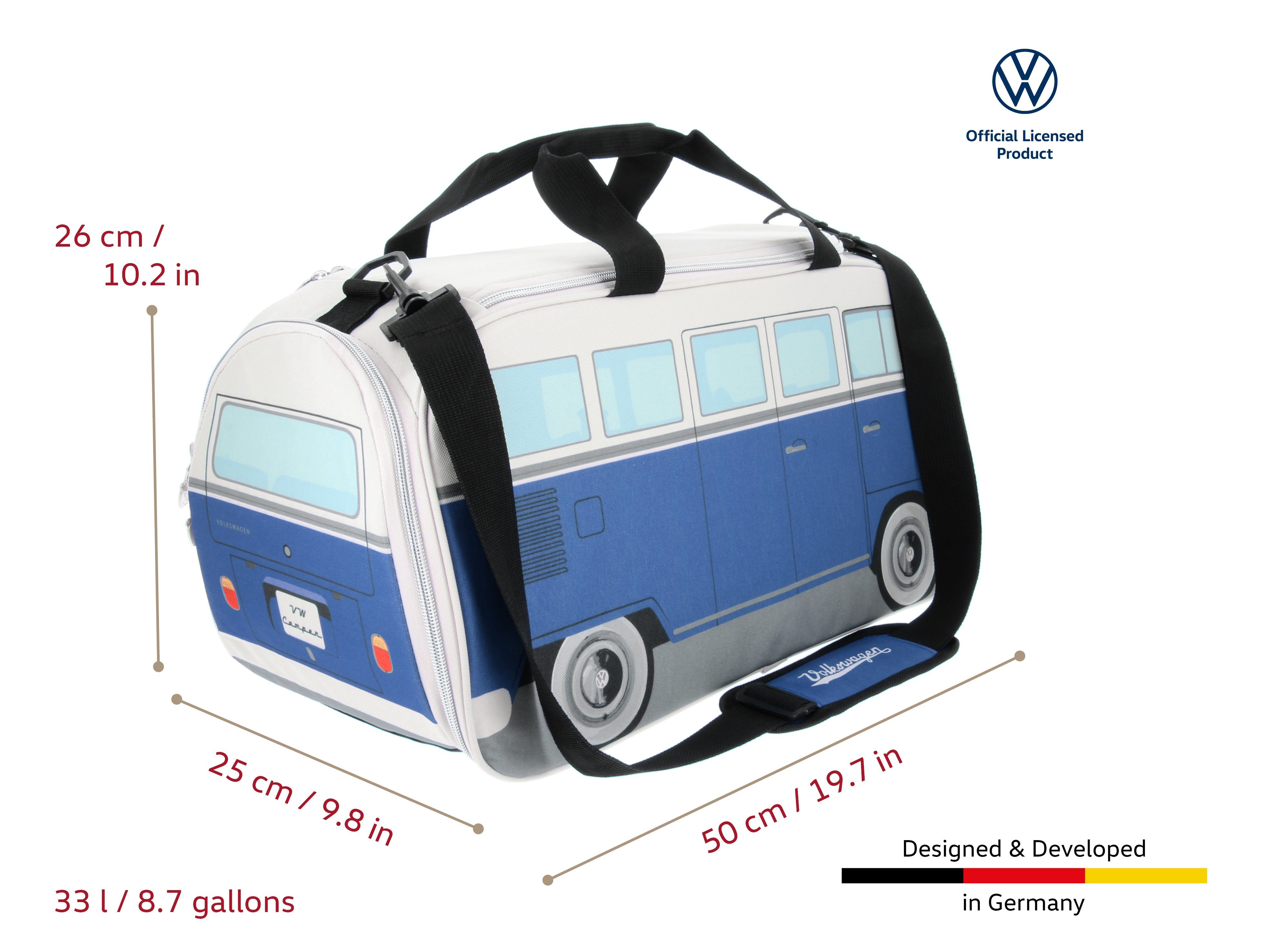 VW Collection by BRISA Sporttasche Volkswagen Retro-Sport-Umhänge-Schulter-Fitness-Tasche, in T1 Bulli Bus Form Klein Classic Bus in Blau & Beige