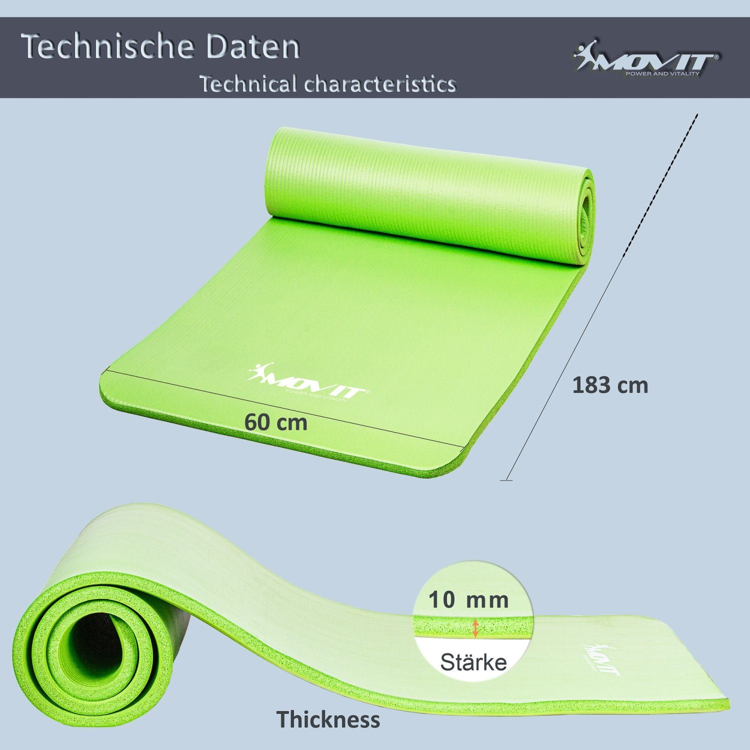 MOVIT Yogamatte XXL Pilates Gymnastikmatte, Yogamatte, Training (schadstoffgeprüft, mit Verschlussband), 190x100x1,5cm oder 190x60x1,5cm oder 183x60x1,0cm, Größen-, Farbwahl
