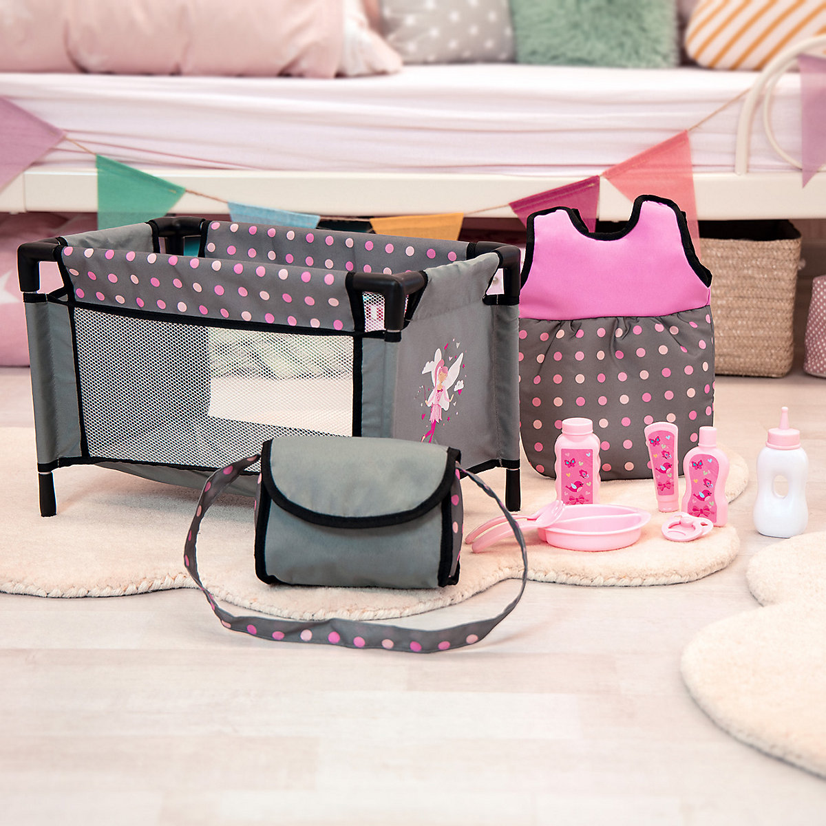 Puppen-Zubehör Set, grau - Puppenbett, Wickeltasche, Schlafsack, Fütterset