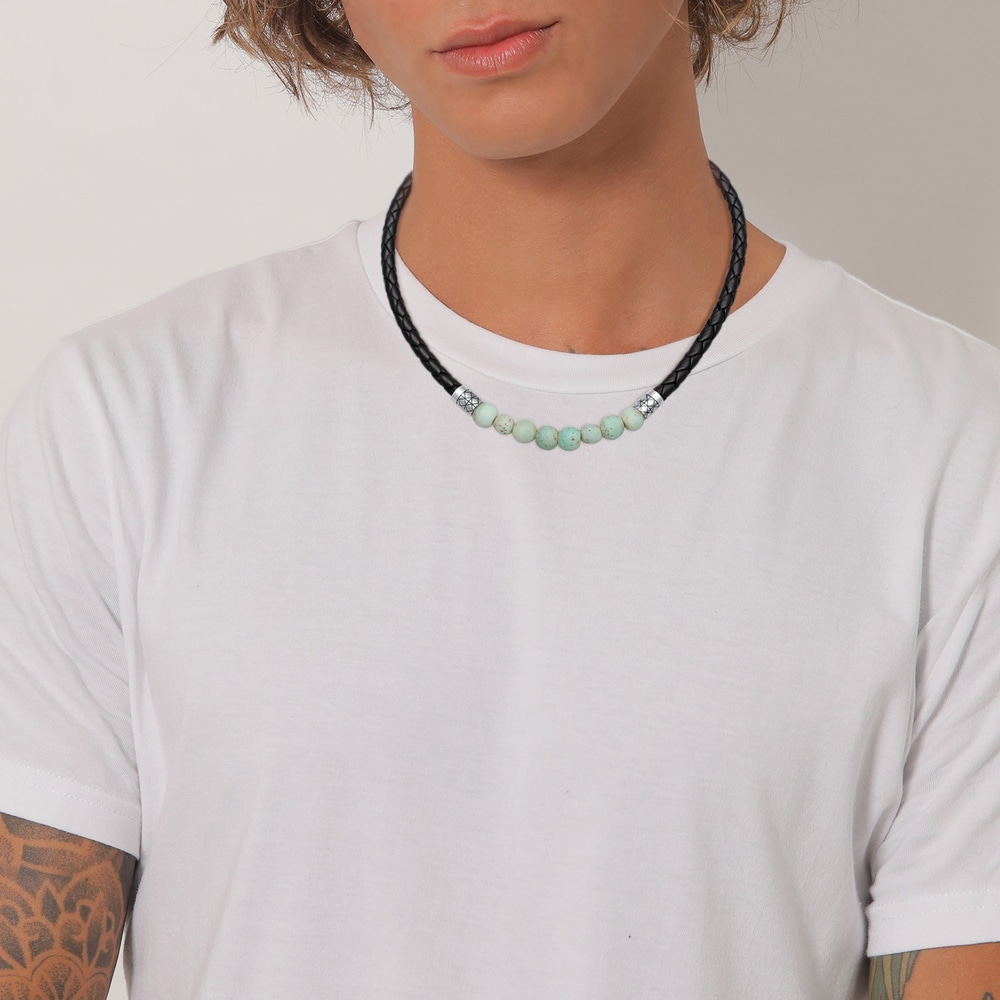 KUZZOI KUZZOI Collier Hommes Perles de verre Basique avec cuir en argent sterling 925 collier