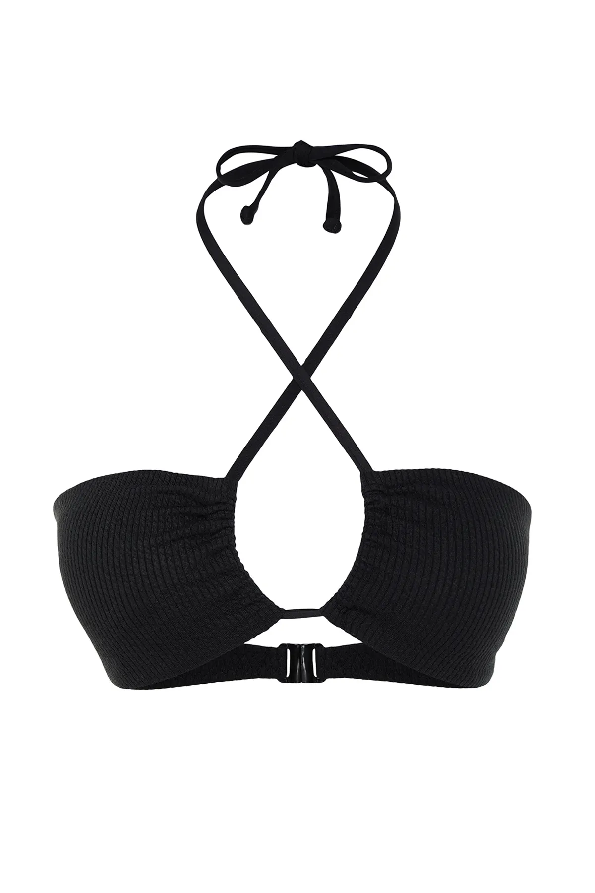 Trendyol Collection  Schwarzes, trägerloses, strukturiertes Bikinioberteil mit Ausschnitten/Fenstern TBESS23BU00247