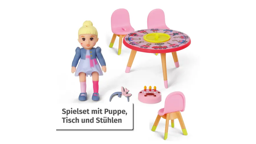 BABY born Minis - Playset Happy Birthday, 7 cm große Puppe Lea mit Tisch, Kuchen, Torte und Stühlen