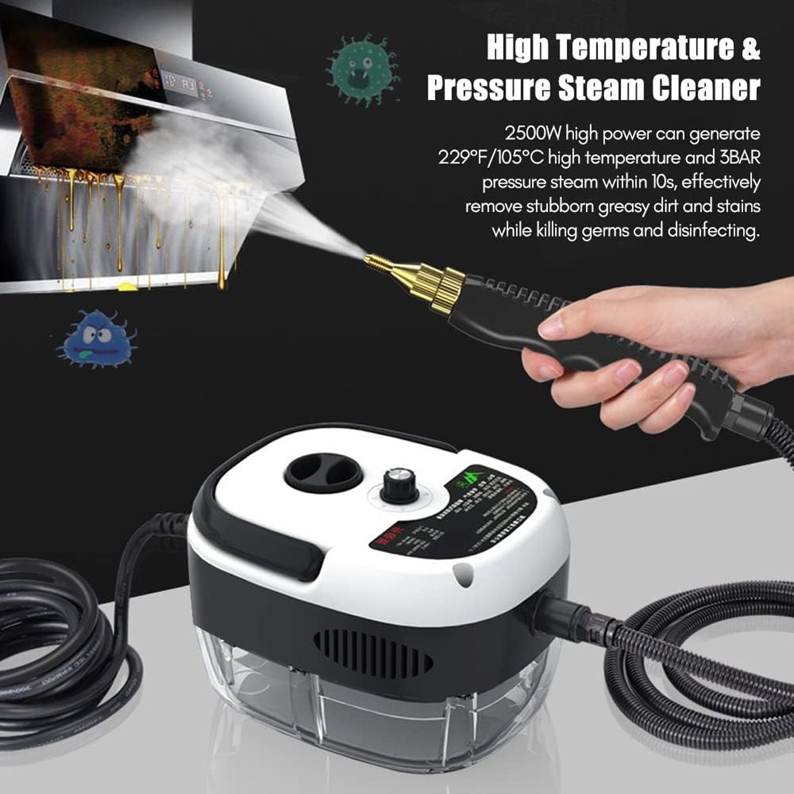 SEEZSSA Handdampfreiniger 2500W Tragbarer Dampfreiniger mit Bürstenköpfen Dampfsauger, Dampfreiniger Handgerät hocheffizient Reinigungsgerät,Weiß