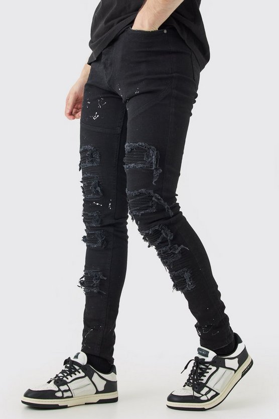 Tall Super Skinny PU Bikerjeans mit Rissen und Farbspritzern