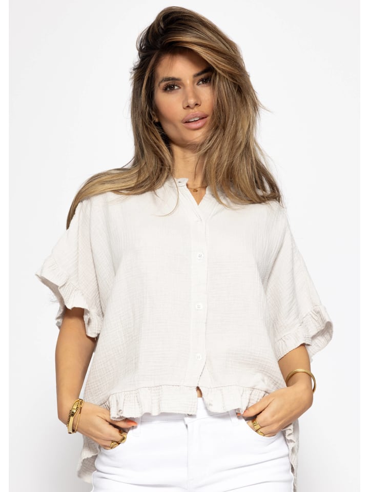 SASSYCLASSY Musselin Bluse mit Rüschensaum in Hellbeige günstig kaufen