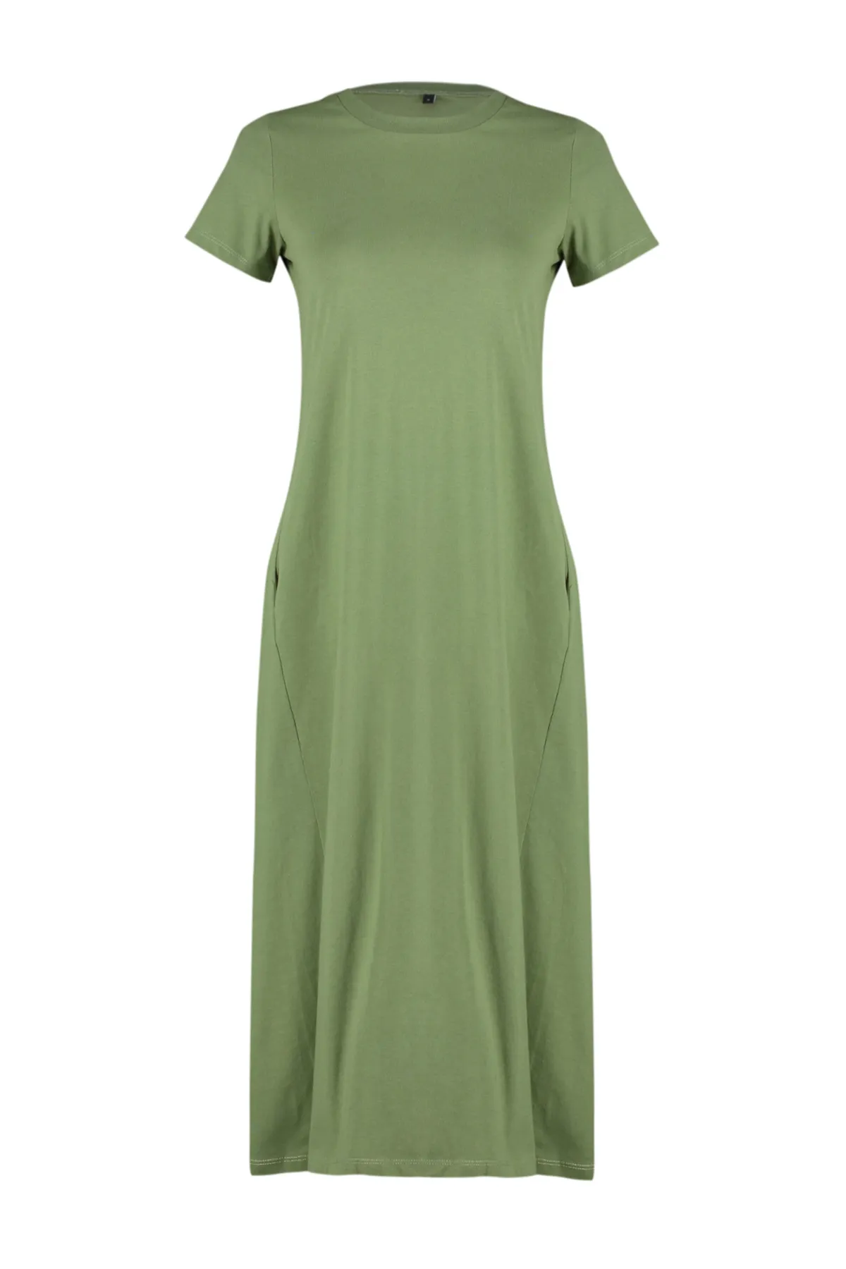 Trendyol Collection  Khakifarbenes Premium-Strick-Midikleid in A-Linie mit Rundhalsausschnitt und Taschen TWOSS24EL00169