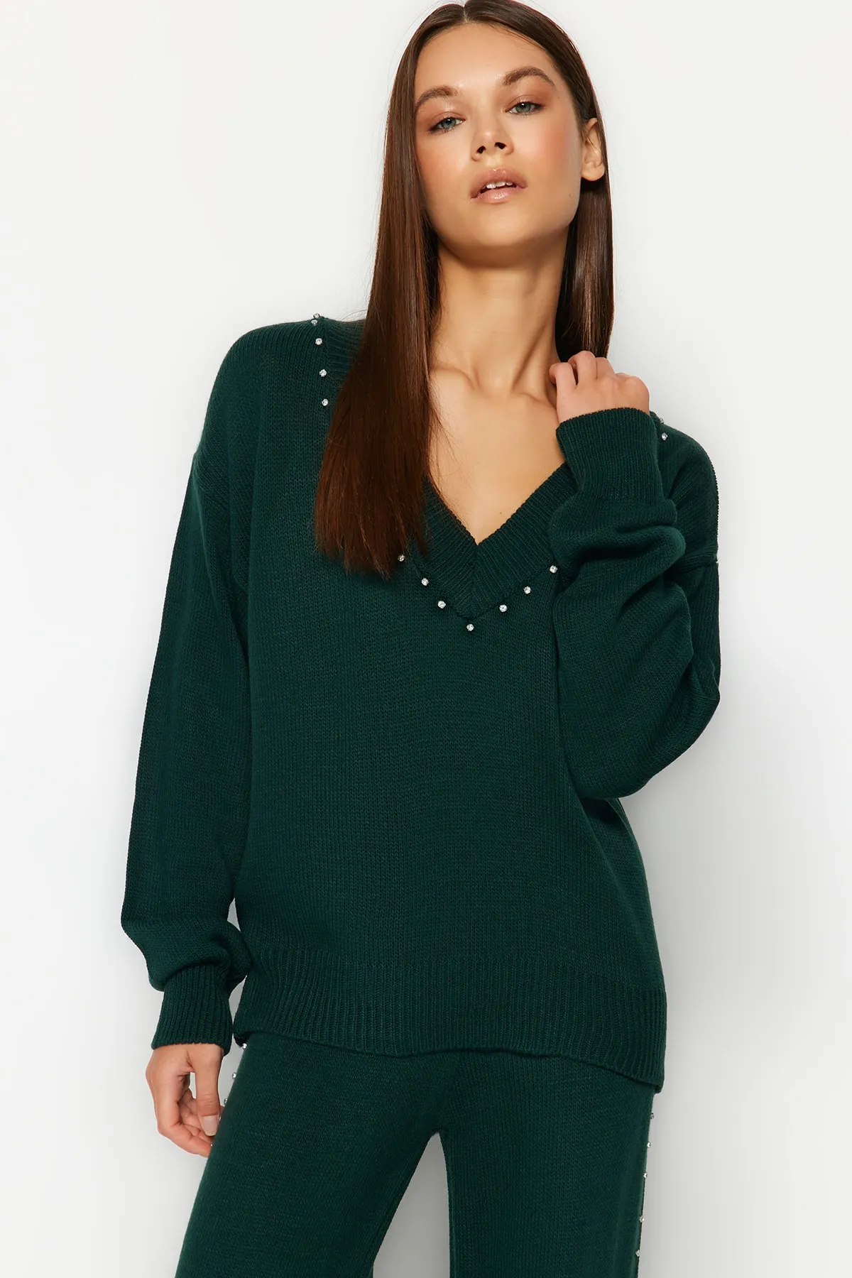 Trendyol Collection  Smaragdgrünes, weit geschnittenes Strickoberteil- und -unterteil-Set TWOAW24AU00008