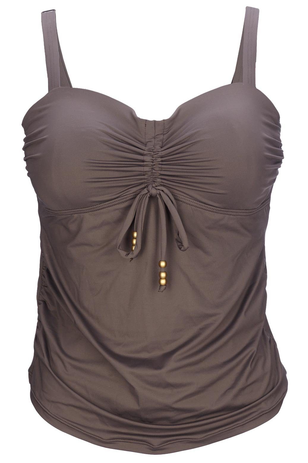 petit amour Umstands-Tankini CAMERON_bronzé professionelles Design für Umstandsbademode in D/E und F/G Cups mit Bügel, made in Hamburg, stylish und bequem, wächst mit und passt weit über die Schwangerschaft hinaus.