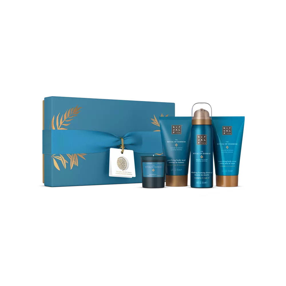 Coffret cadeau Le Rituel du Hammam : gel douche moussant 50 ml, bougie parfumée 25 g, masque corporel 70 ml, crème pour le corps 70 ml