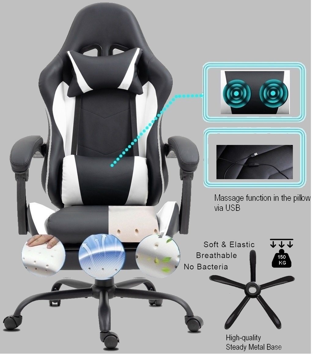 Delman Gaming-Stuhl Bürostuhl Chefsessel Massagefunktion Drehstuhl, dicke Polsterung, Metallfußkreuz, Fußstütze RS42