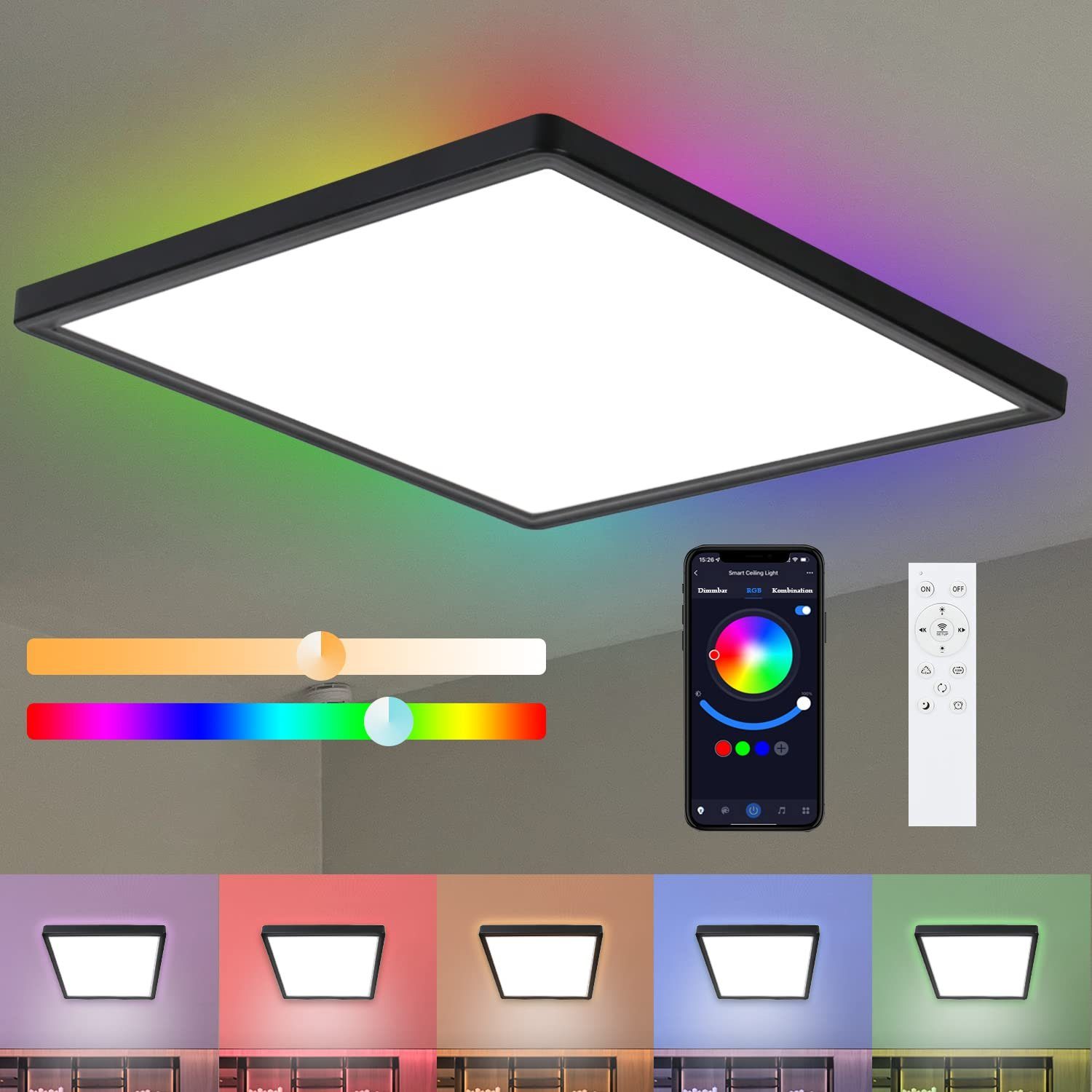Nettlife LED Panel Dimmbar mit Fernbedienung RGB/Smart-APP steuern 40W, ‎RGB Backlight, LED fest integriert, Warmweiß Neutralweiß Kaltweiß, für Schlafzimmer Küche Wohnzimmer, 29.5 x 29.5 x 2.5 cm